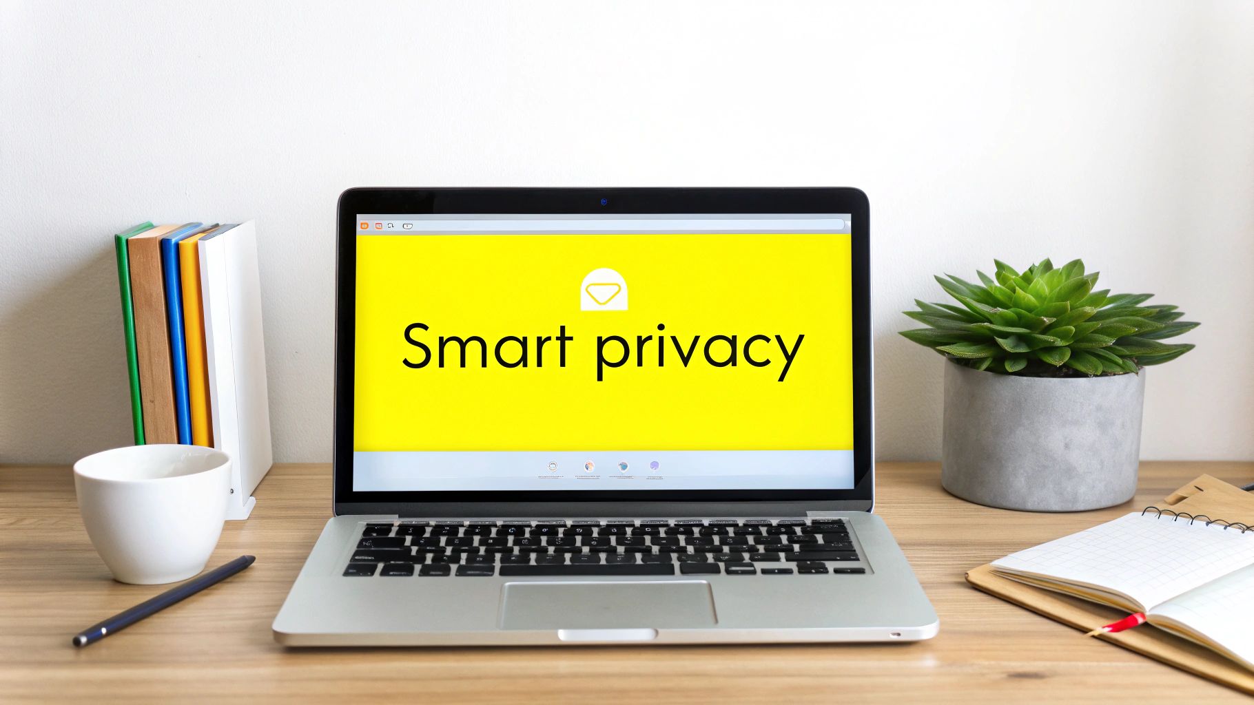 A laptop on a wooden desk displays 'Smart privacy' on its screen, surrounded by a mug, books, plant, and notebook.