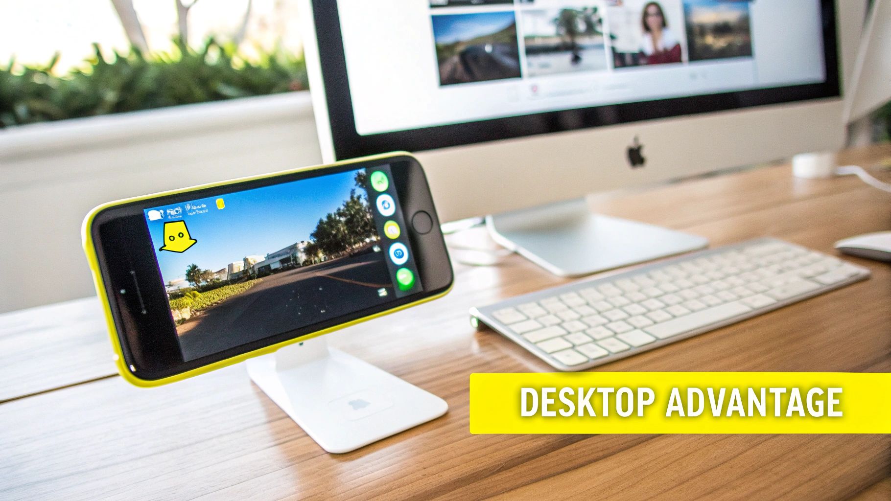 A smartphone on a stand displaying a street view, next to an iMac, keyboard, and mouse.