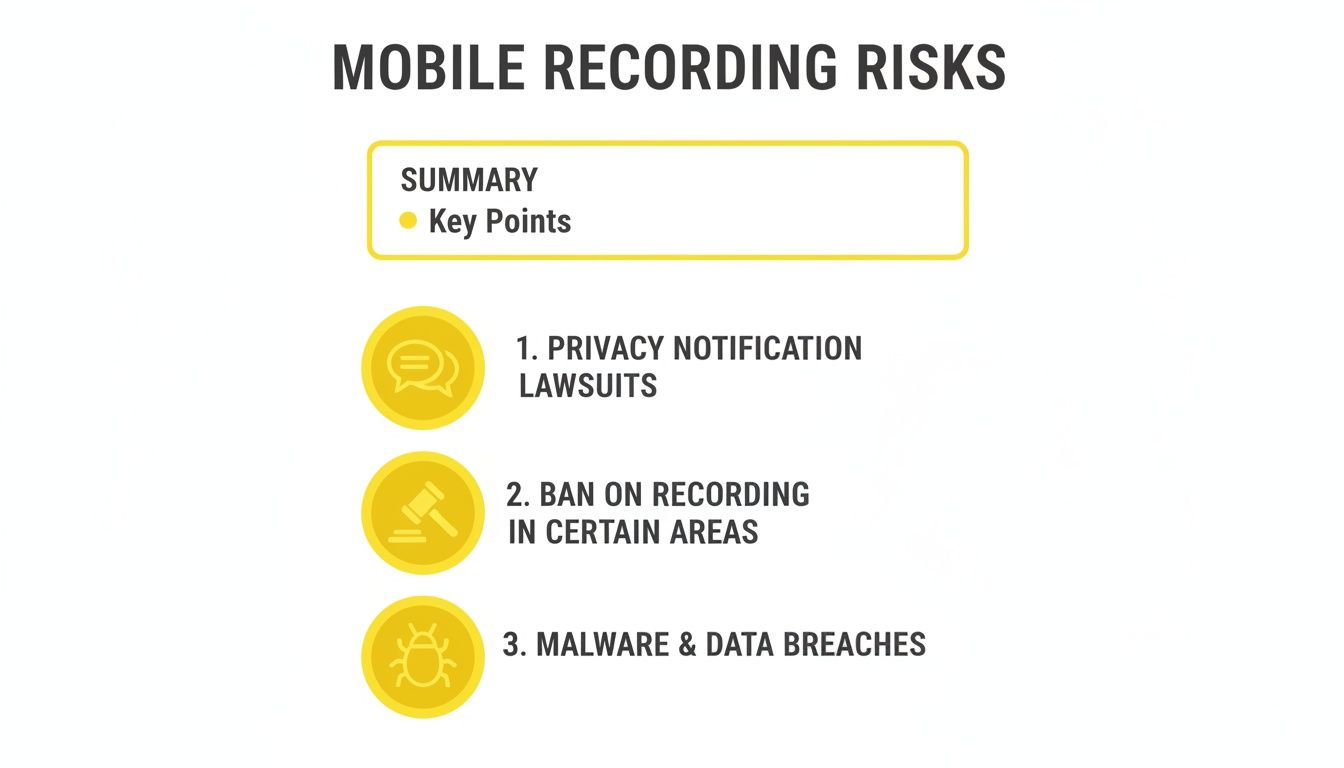 An infographic titled 'Mobile Recording Risks' detailing three key points: privacy lawsuits, recording bans, and data breaches.