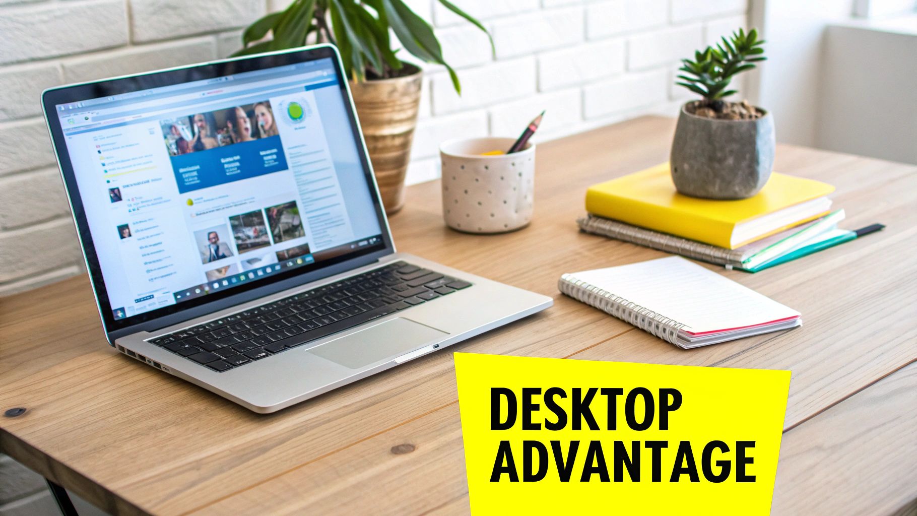 A modern workspace with a laptop displaying a webpage, alongside books, plants, and office supplies on a wooden desk.