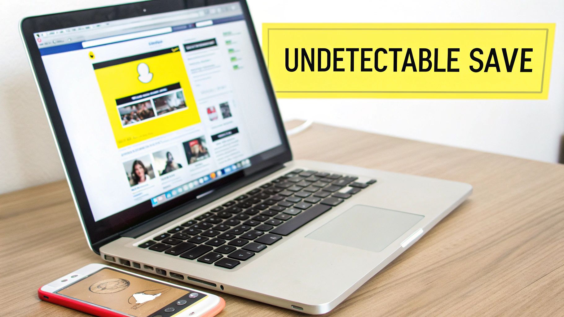 A laptop displaying the Snapchat website and a smartphone on a wooden desk with 'UNDETECTABLE SAVE' text.