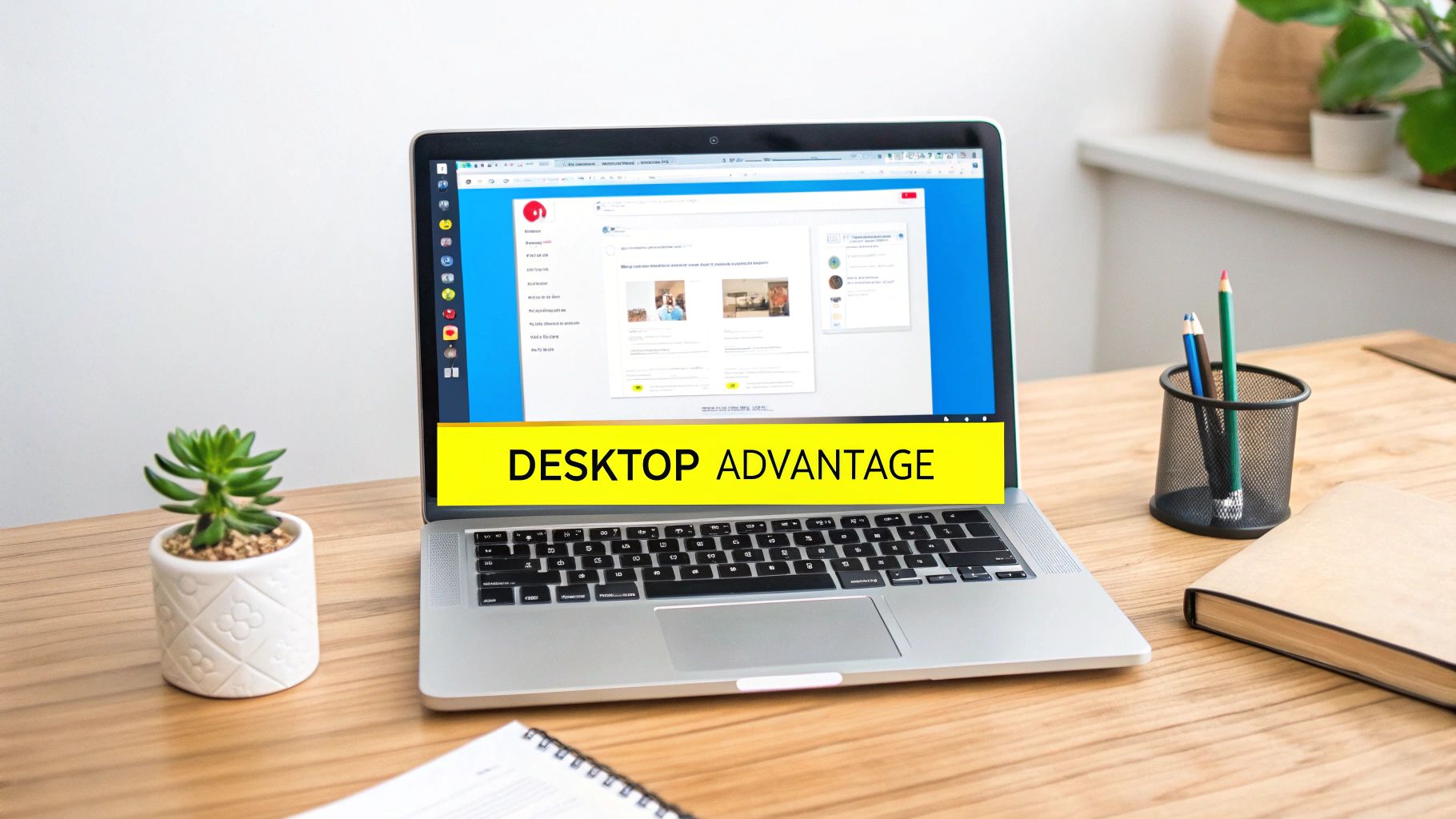 A laptop displaying a webpage with 'DESKTOP ADVANTAGE' text, on a wooden desk with a plant and pencils.