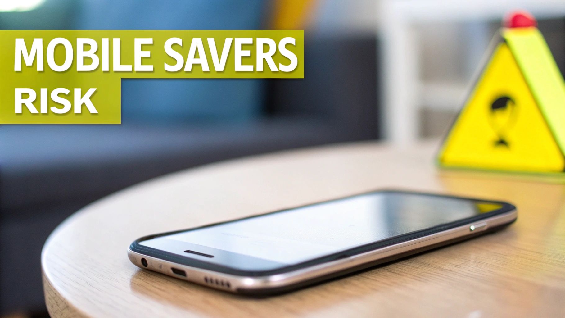 A smartphone lies on a wooden table, with text 'MOBILE SAVERS RISK' overlayed, and a blurred yellow warning sign in the background.