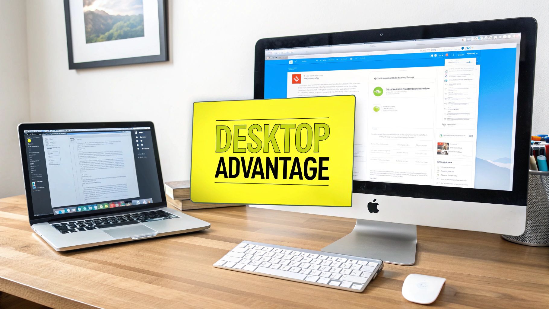 A clean wooden desk featuring a MacBook Pro, an iMac, a white keyboard, and a mouse, with a yellow sign saying 'DESKTOP ADVANTAGE'.