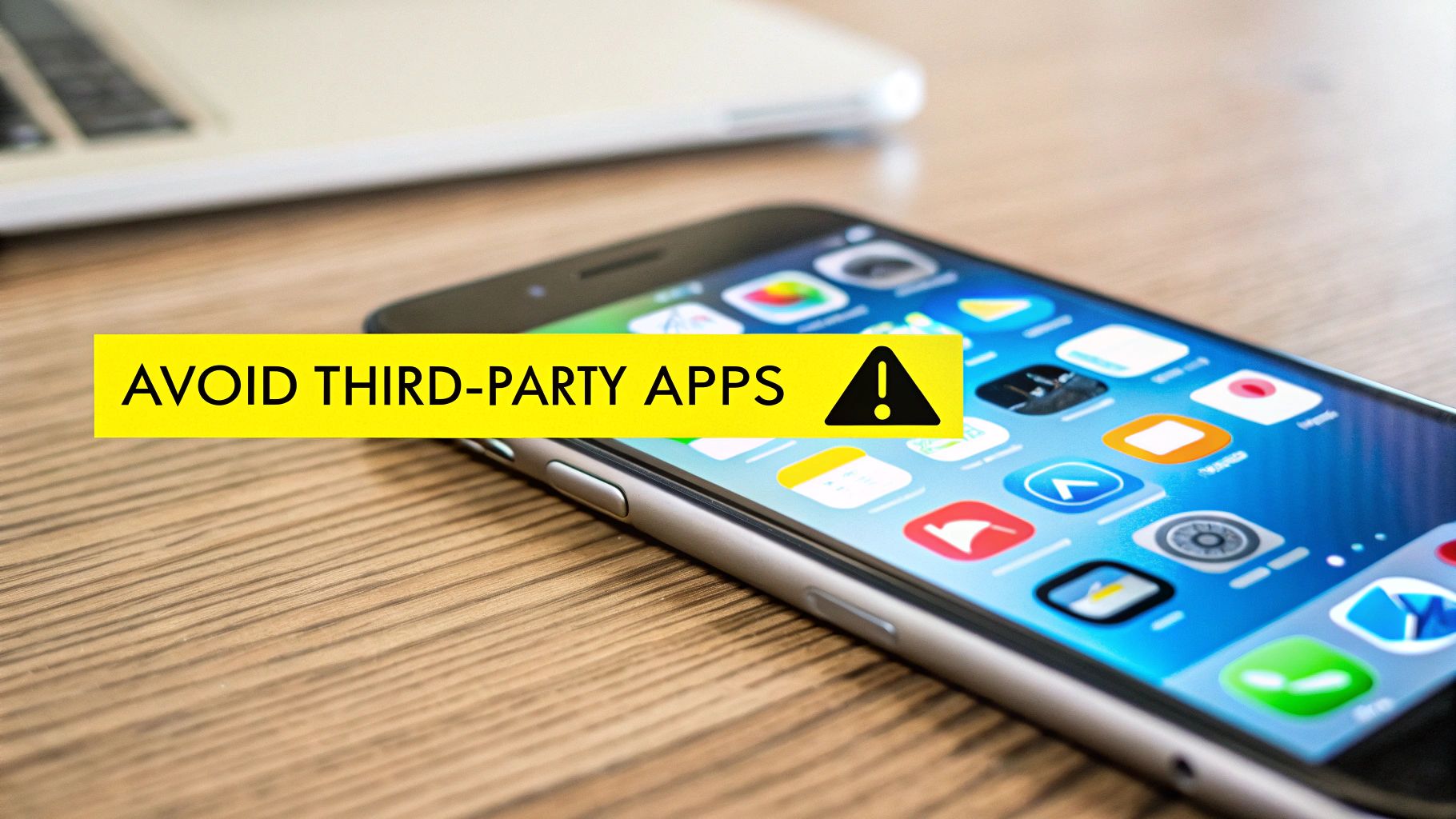 A smartphone on a wooden desk displaying a yellow banner with 'AVOID THIRD-PARTY APPS' and a caution symbol.