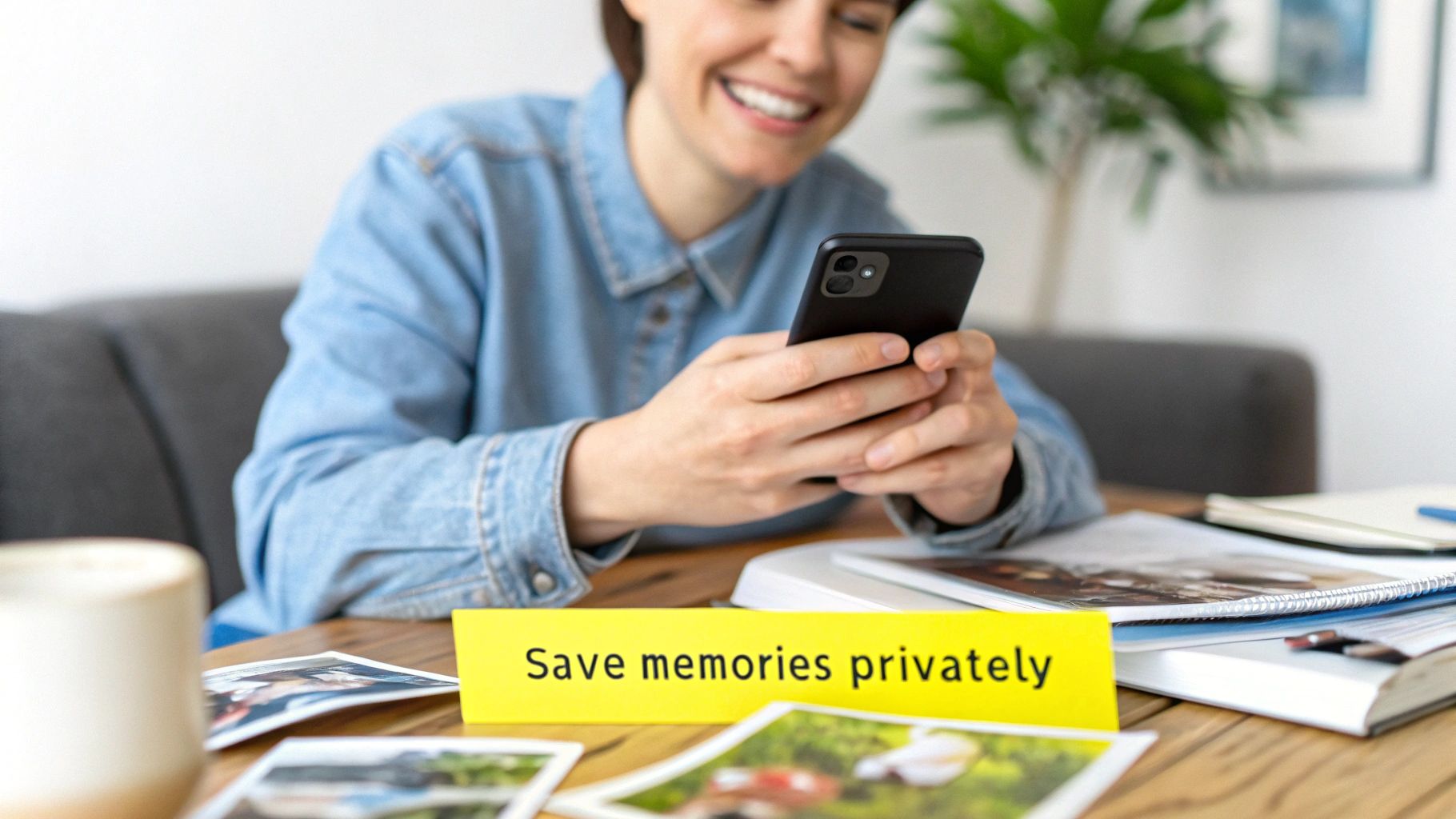 Smiling woman happily using a smartphone at a wooden table with printed photos and a privacy note.