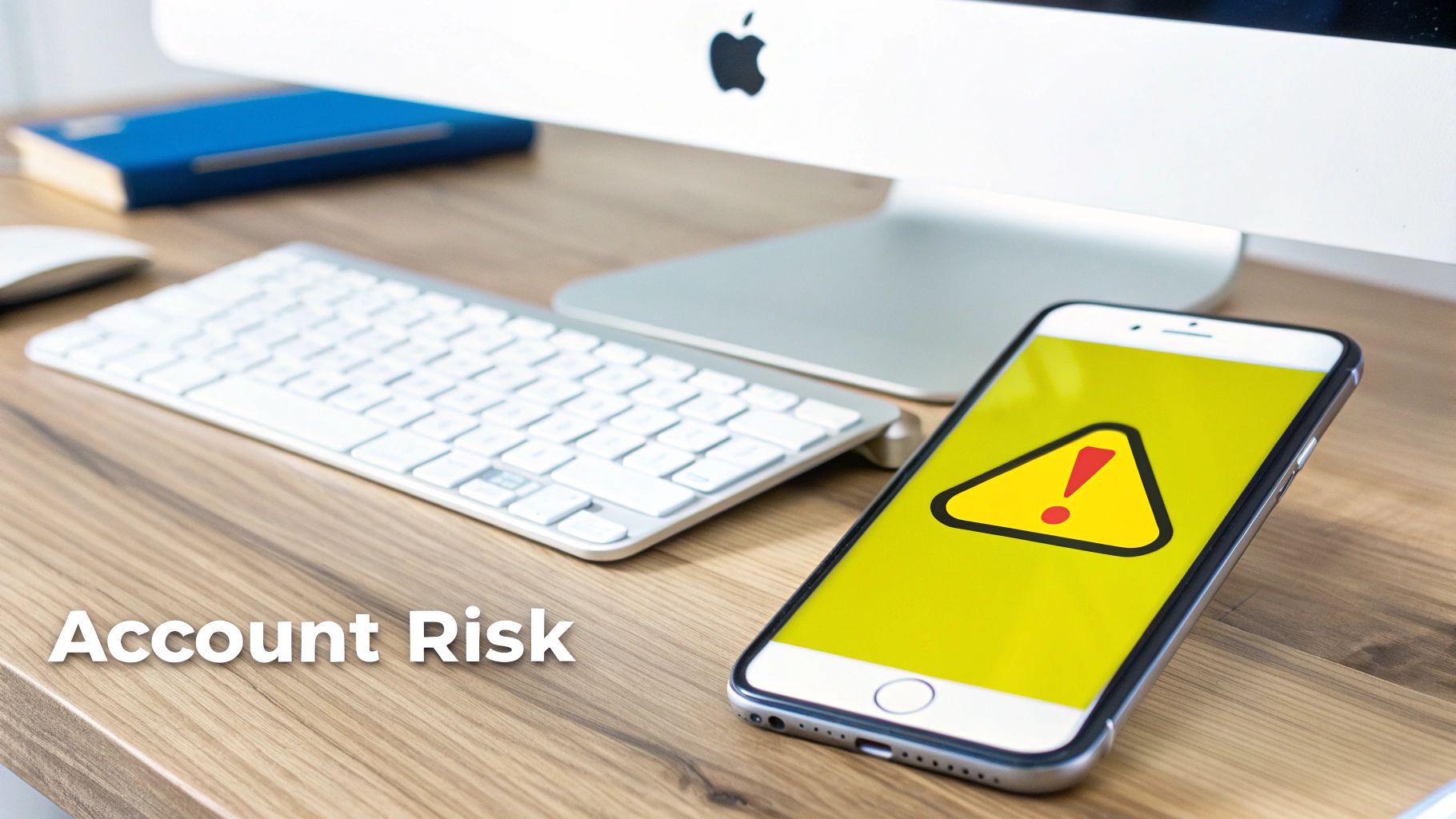 A smartphone displaying a warning symbol on a yellow screen, an iMac, keyboard, and mouse on a desk with 'Account Risk' text.