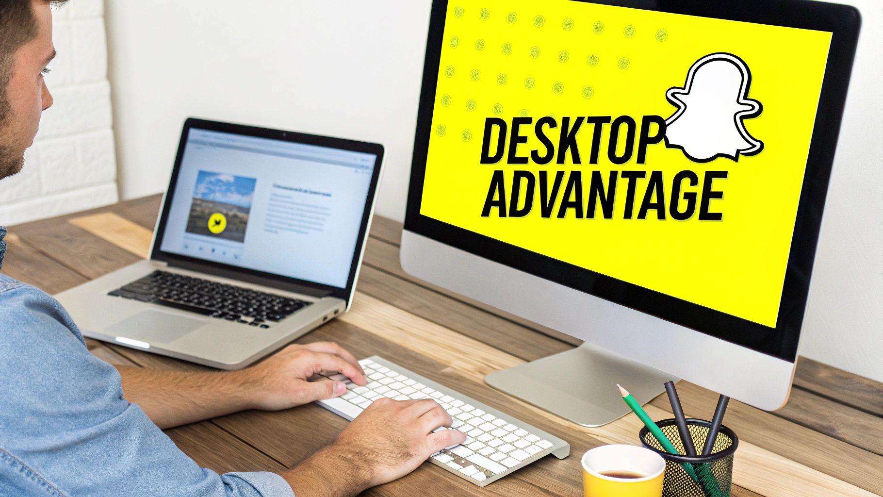 A man works on a laptop and a desktop computer, displaying a 'DESKTOP ADVANTAGE' Snapchat screen.