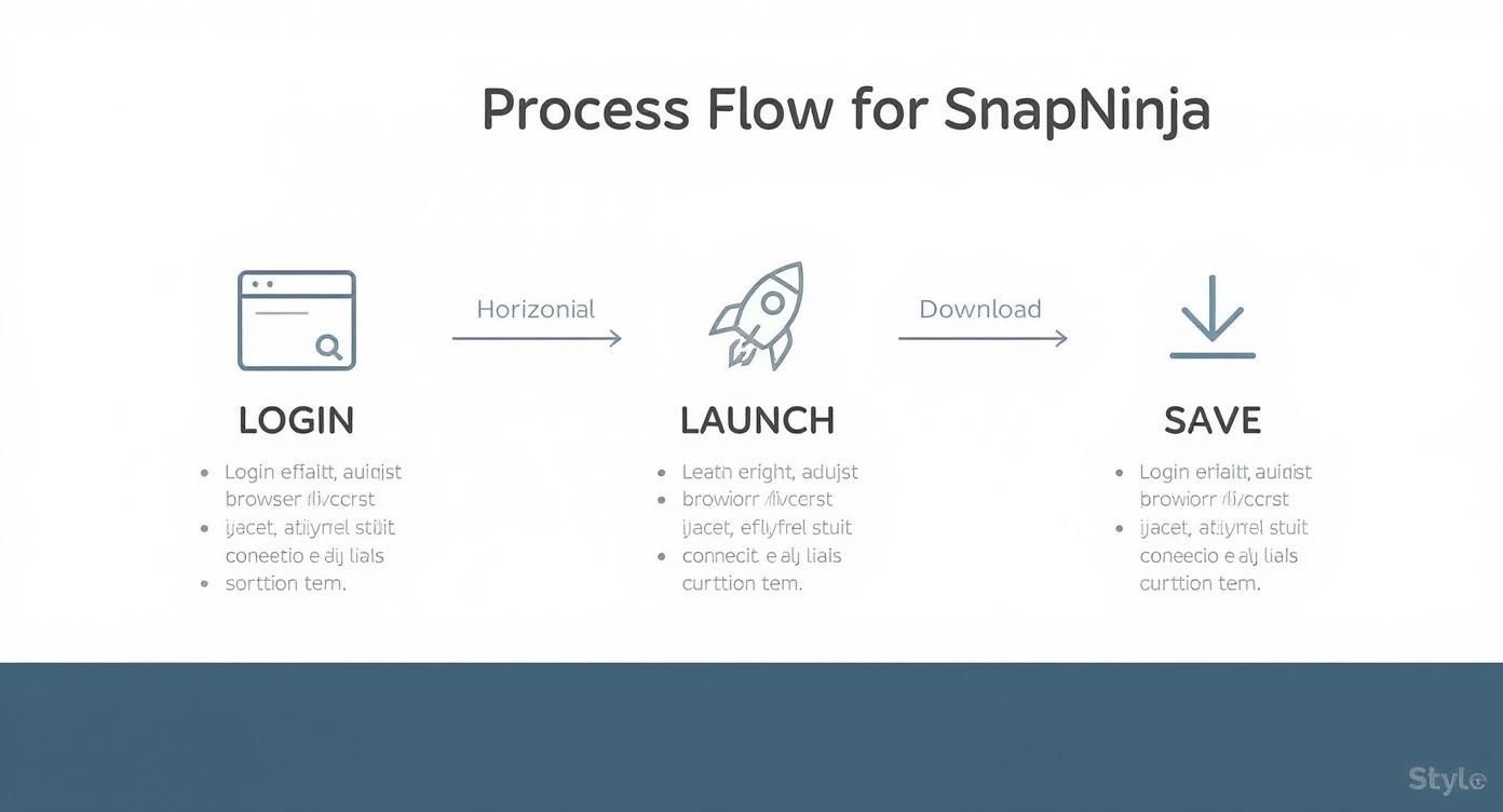 A process flow diagram for SnapNinja with steps: Login, Launch, and Save, each with an icon.