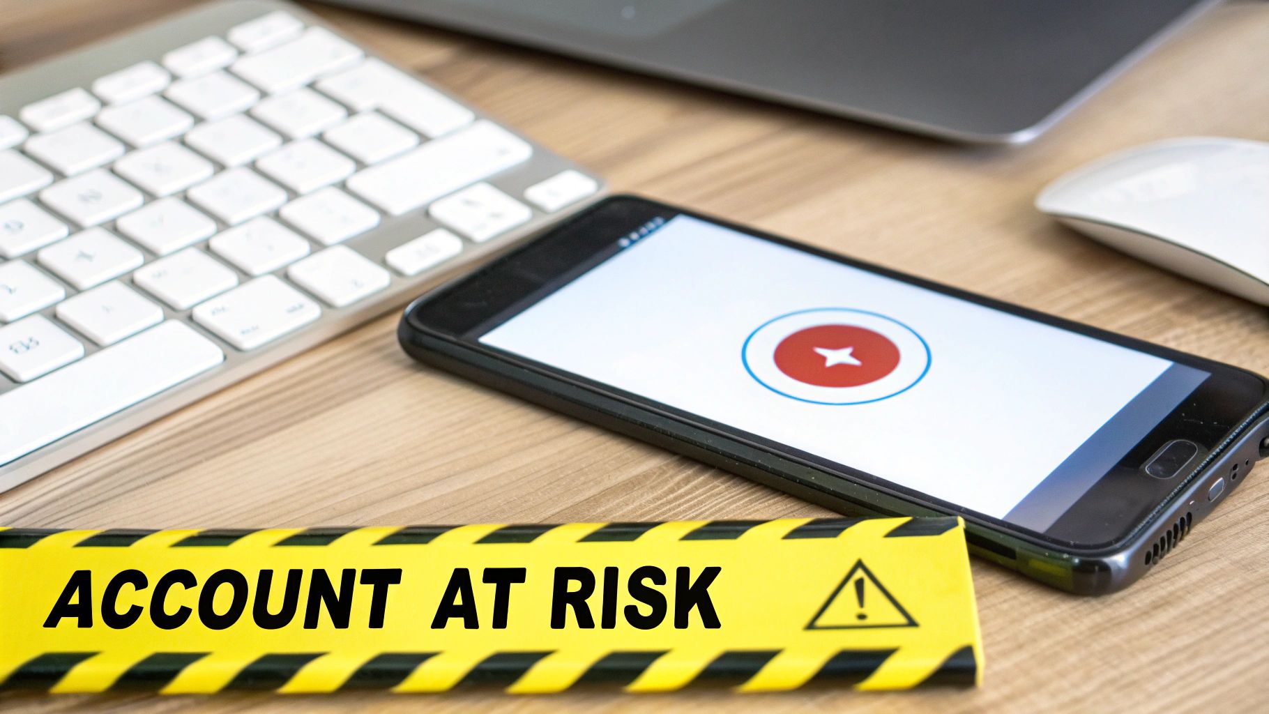 A smartphone on a wooden desk displays a warning icon, with a yellow and black 'ACCOUNT AT RISK' security tape in front.