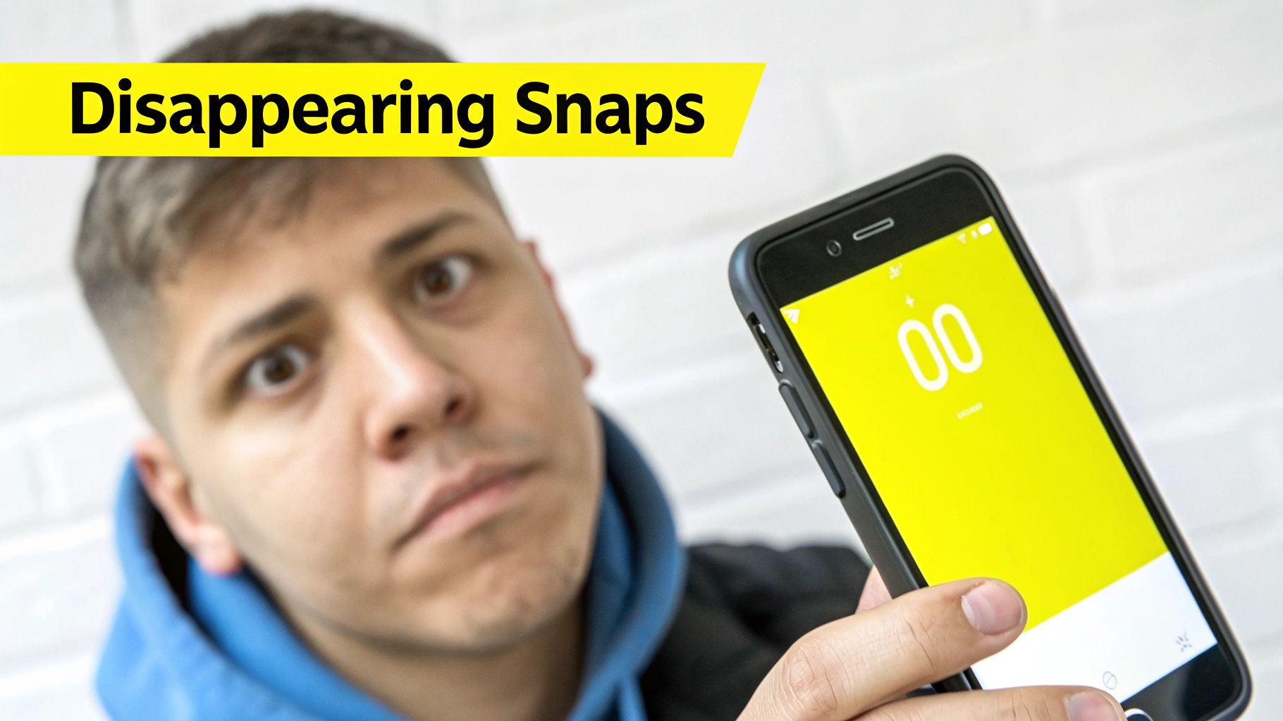 A surprised man holds a smartphone displaying 'Disappearing Snaps' text and a timer.