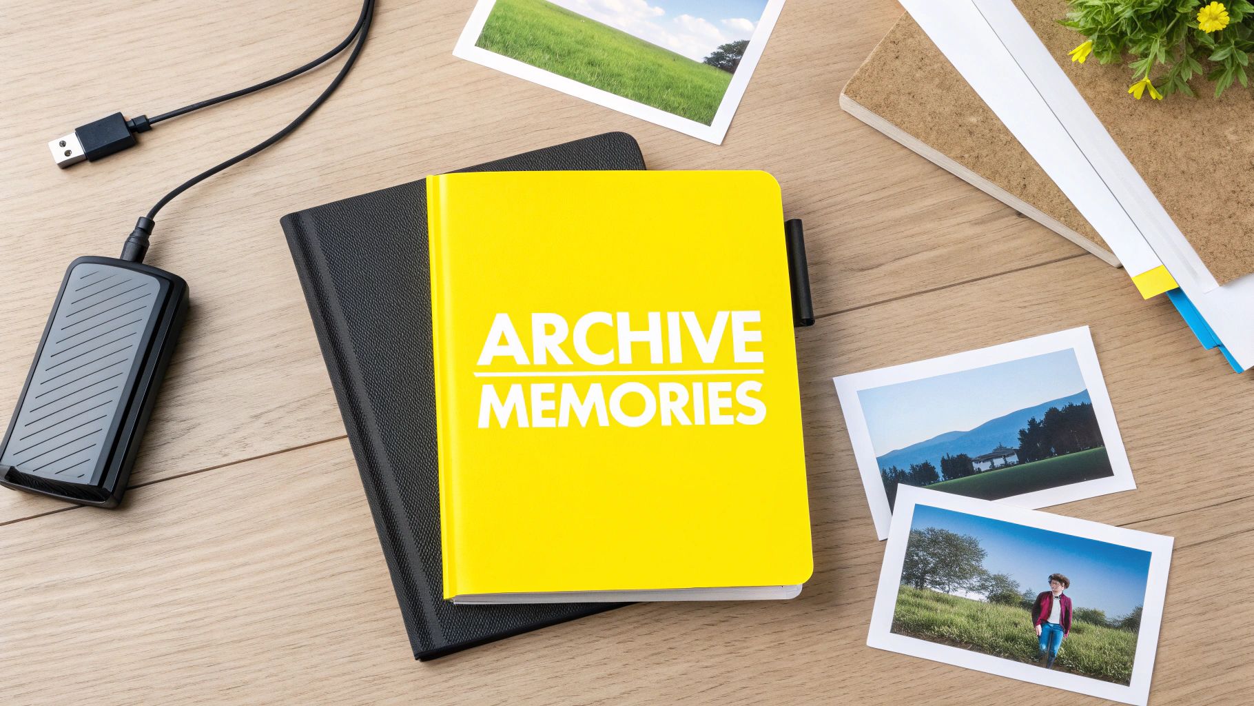 A flat lay of a desk with an external hard drive, printed photos, and a yellow 'ARCHIVE MEMORIES' book.