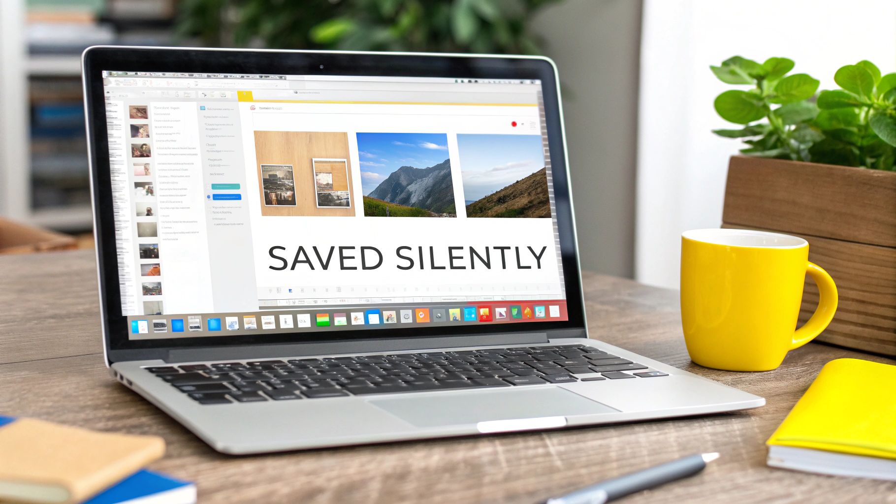 A laptop displays 'SAVED SILENTLY' alongside images, with a yellow mug and plant on a wooden desk.
