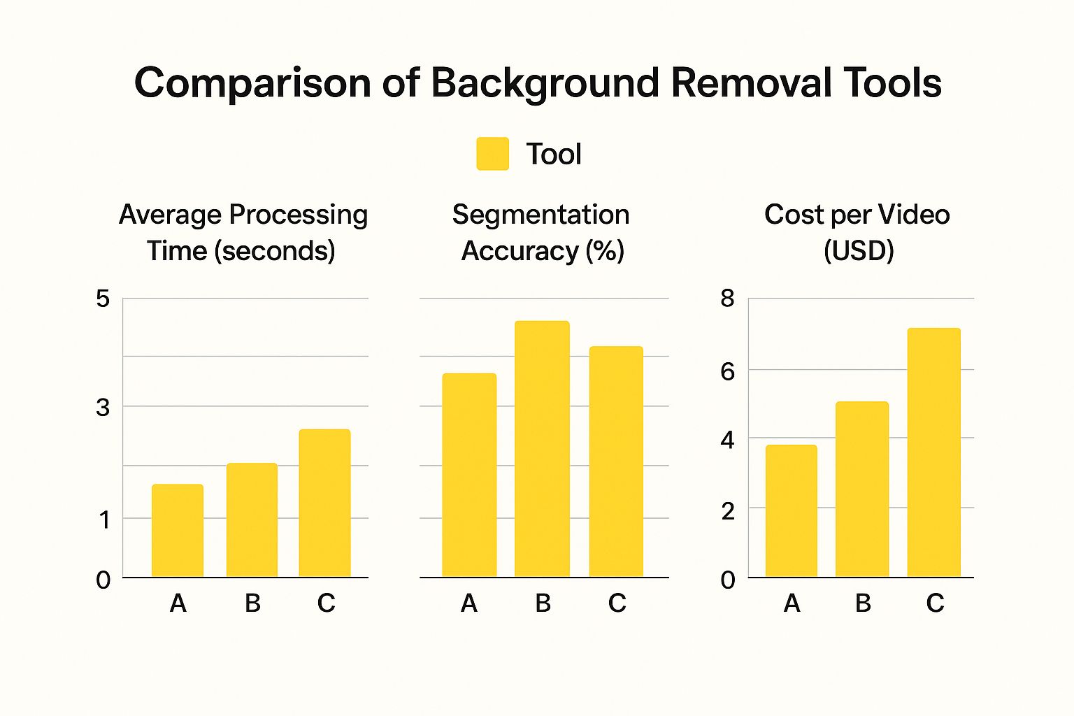 Infographic comparing video background removal tools by time, accuracy, and cost