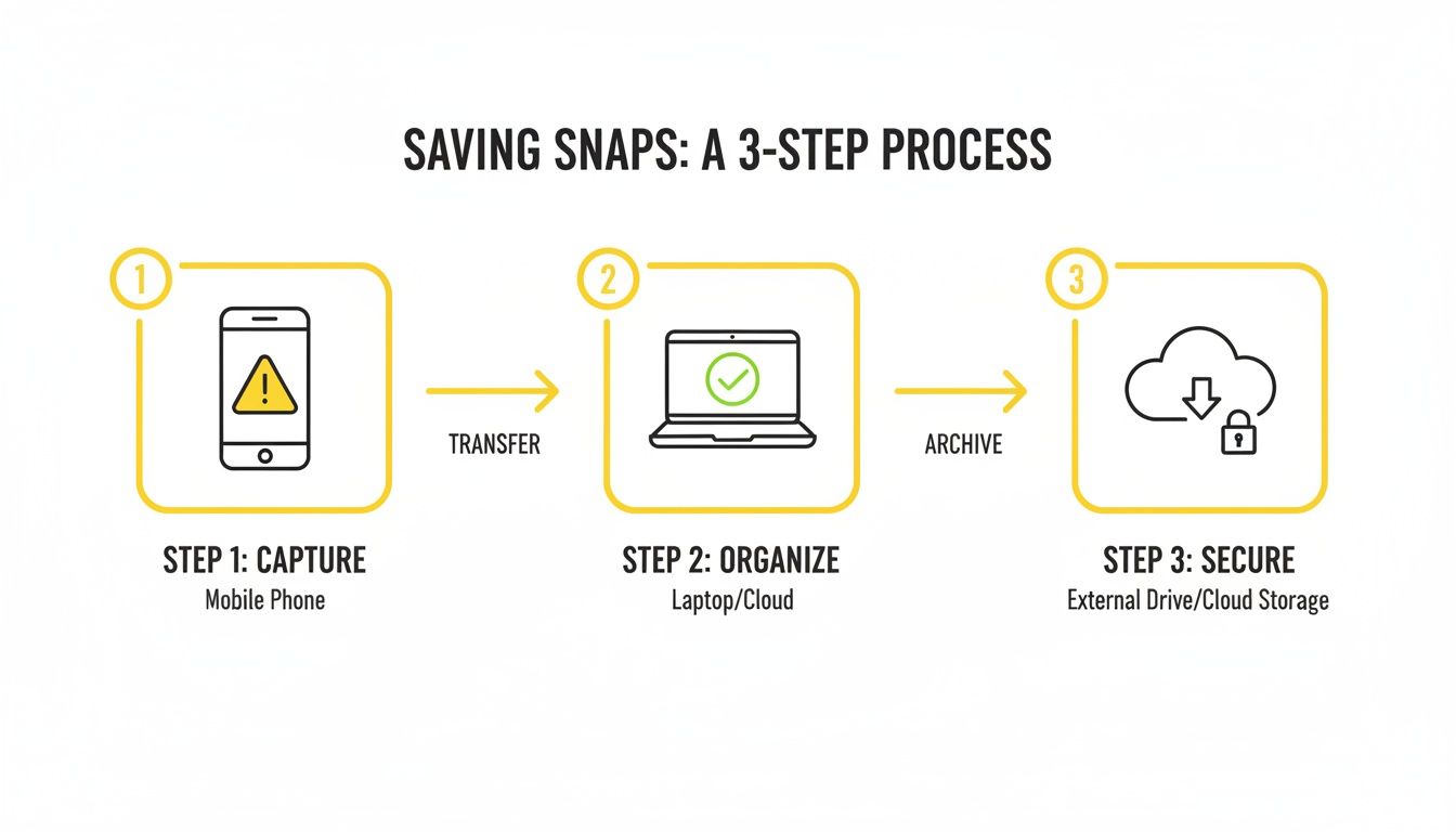 Diagram detailing a 3-step process for capturing, organizing, and securing digital photos.