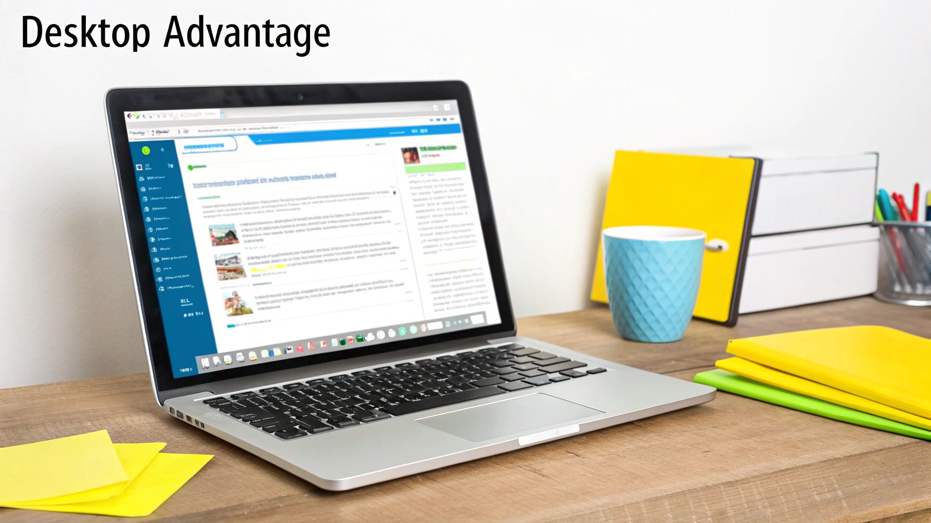 A silver laptop displaying a social media feed on a wooden desk with office supplies.