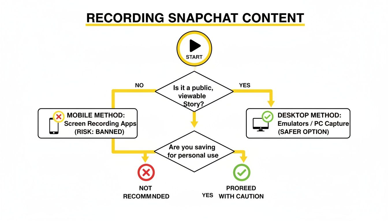 Flowchart outlining methods, risks, and recommendations for recording Snapchat content for personal use.
