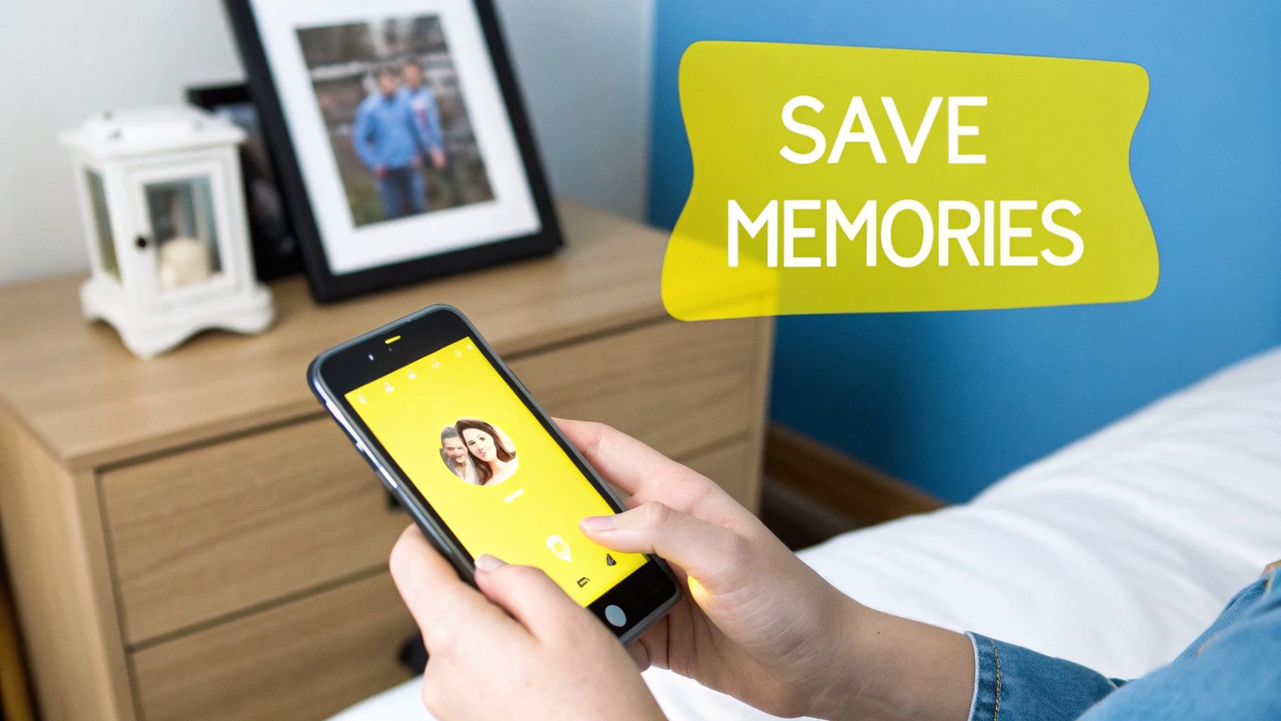 Hands hold a smartphone displaying an app, with 'SAVE MEMORIES' text on a yellow graphic in the background.