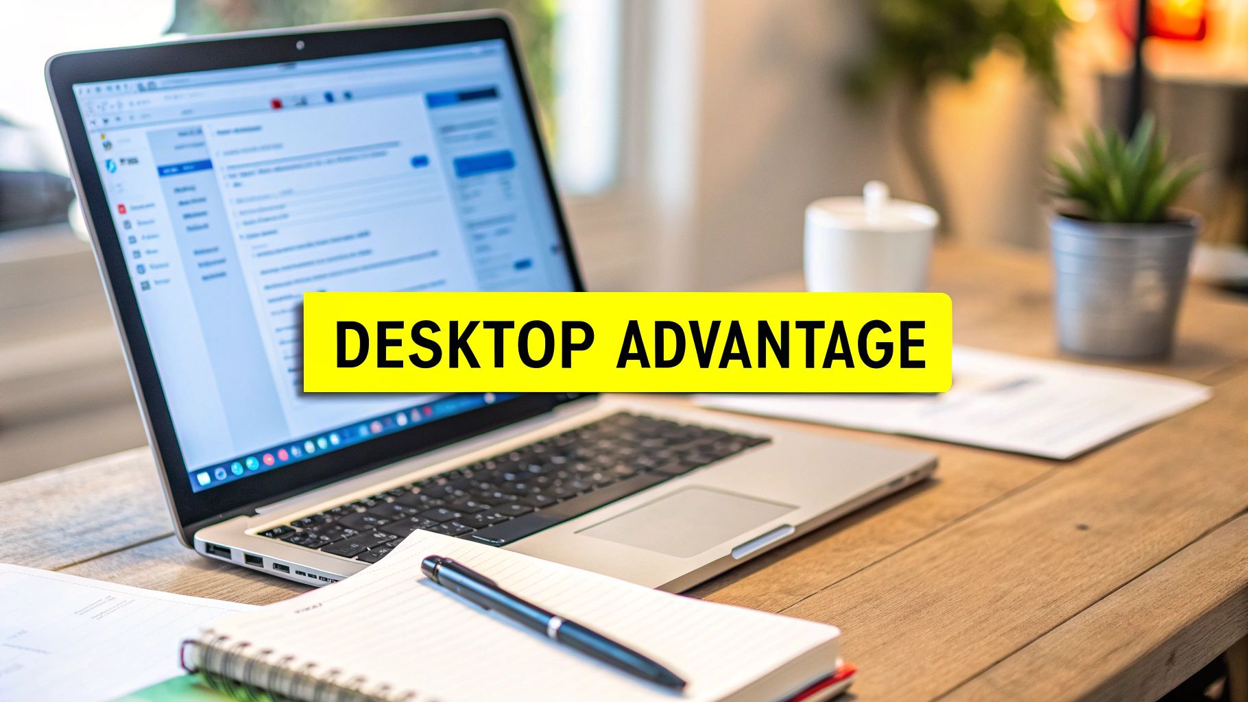 A laptop on a wooden desk with a notebook, pen, and a plant, displaying a 'DESKTOP ADVANTAGE' banner.