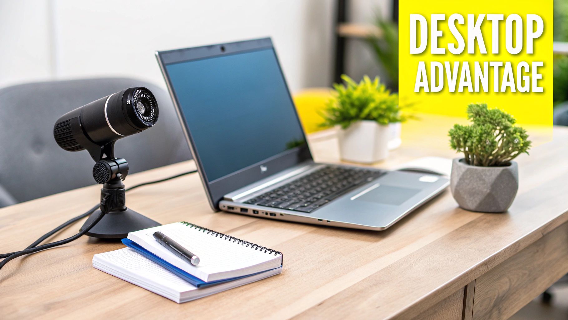 A modern desk setup with a laptop, a microphone, notebooks, a pen, and potted plants, with 'DESKTOP ADVANTAGE' text.