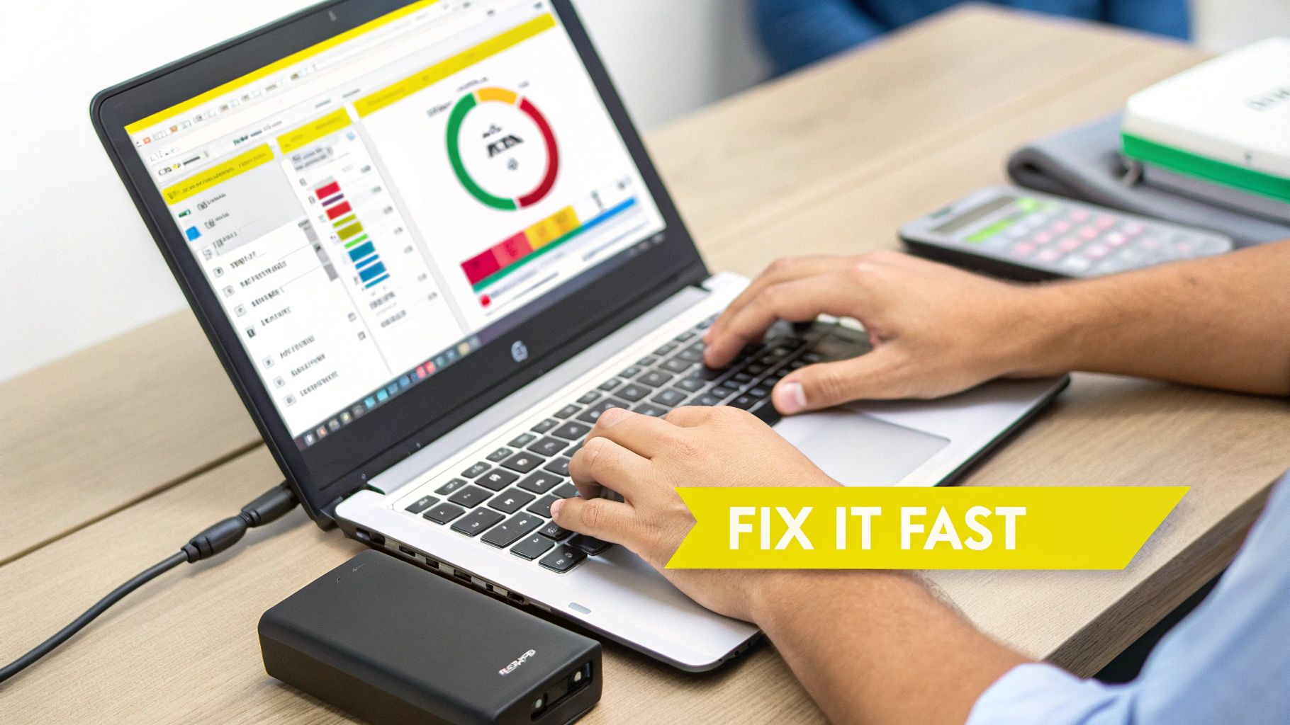 Hands typing on a laptop displaying a dashboard with charts and lists, connected to a power bank.