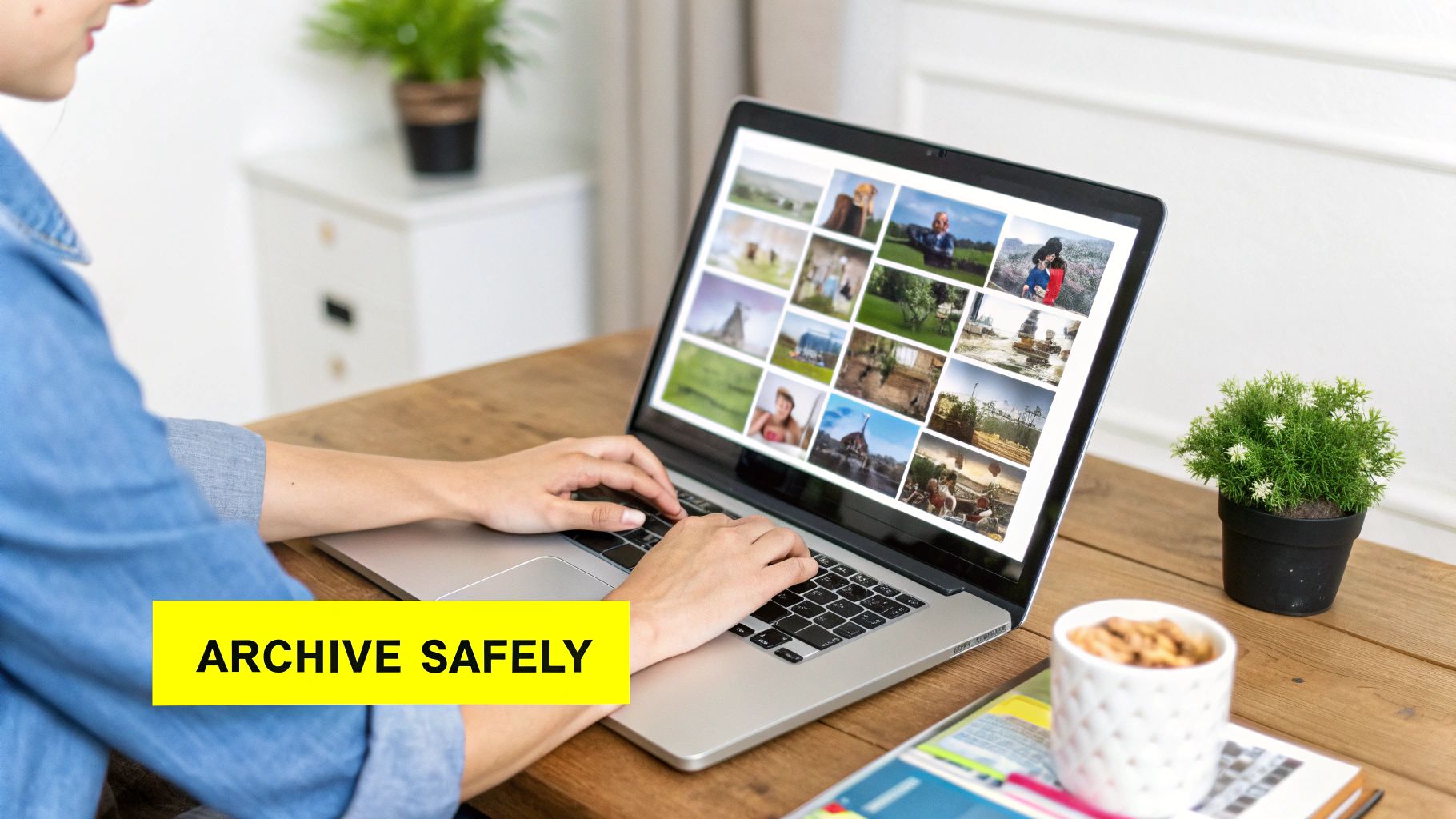 A person types on a laptop displaying a grid of photos, with a prominent 'ARCHIVE SAFELY' text overlay.