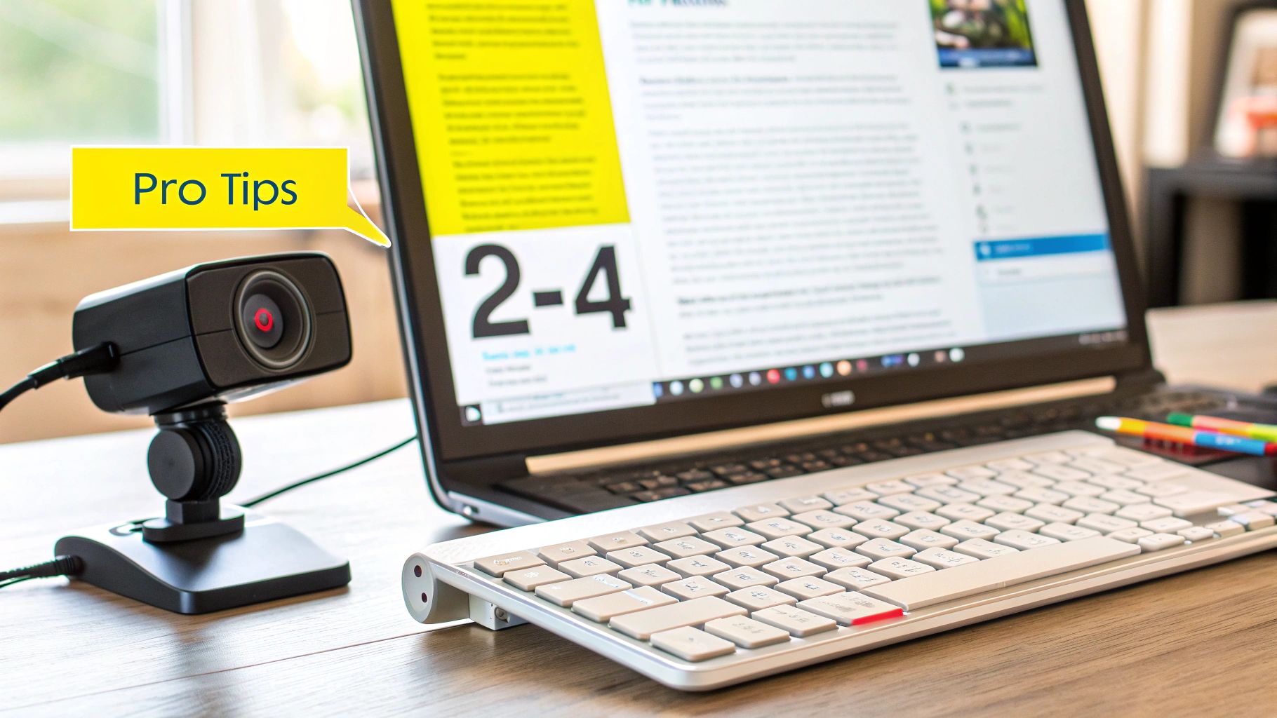 A black webcam and a laptop showing "Pro Tips" text on a screen, with a keyboard on a wooden desk.