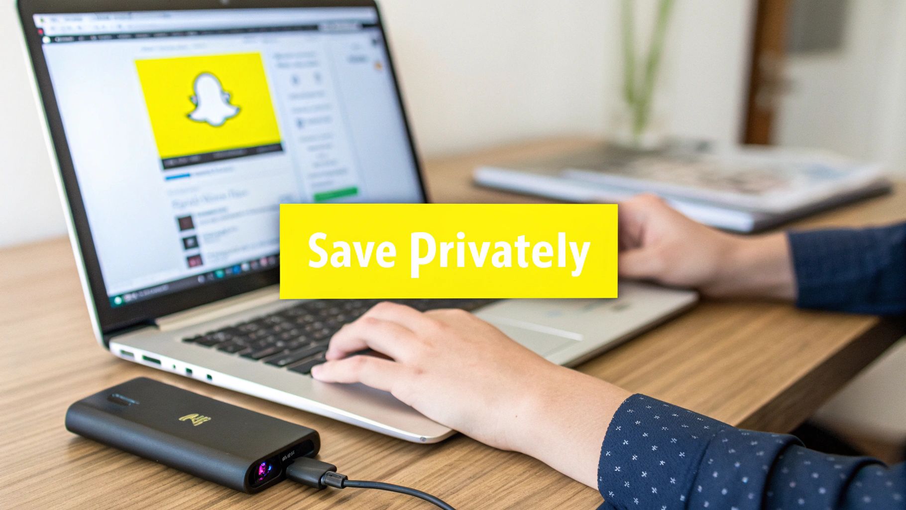 Person using a laptop displaying Snapchat, with a 'Save Privately' banner and a power bank connected.