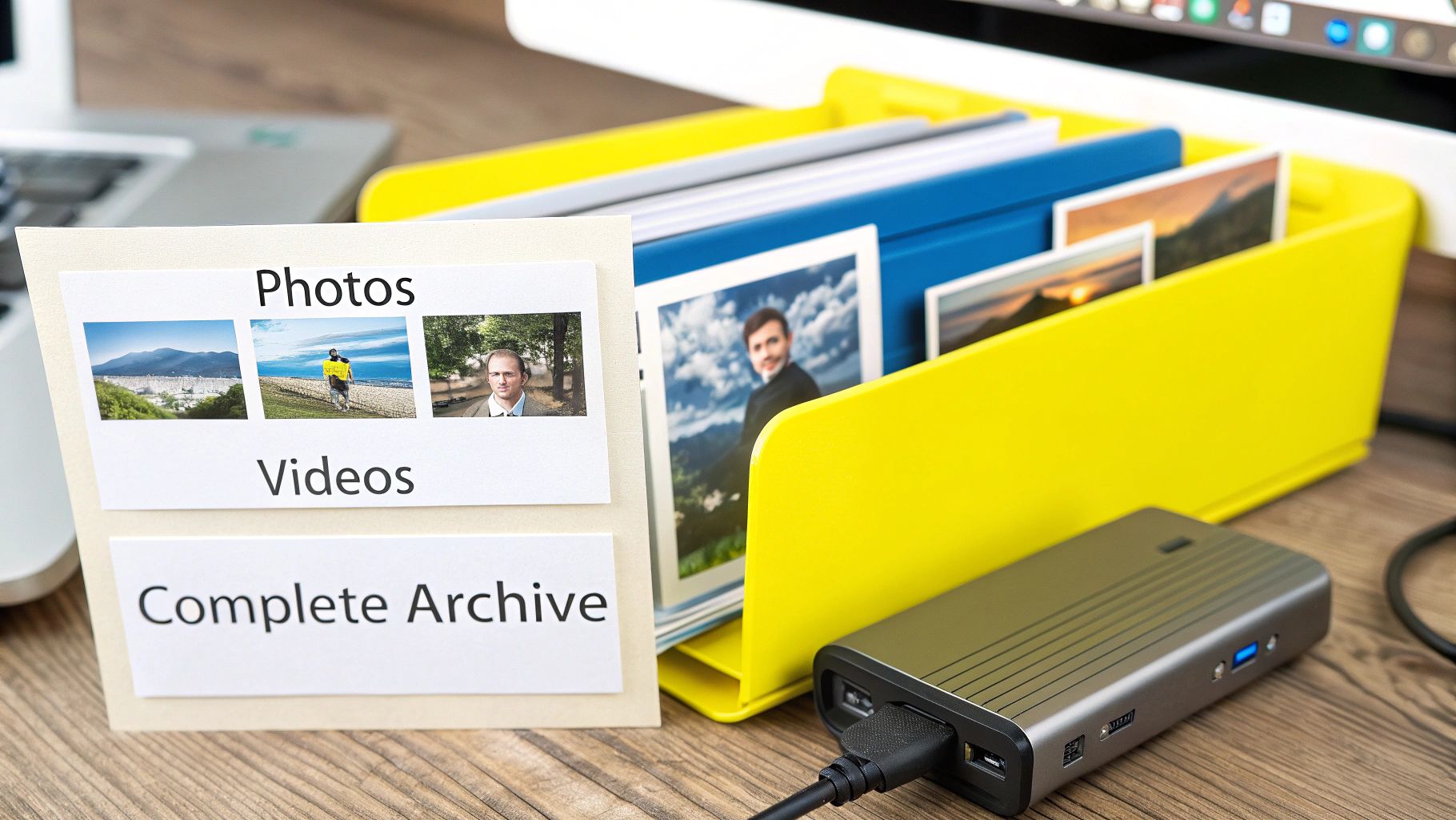 A folder labeled 'Photos', 'Videos', 'Complete Archive', with an external hard drive, symbolizing digital media archiving.