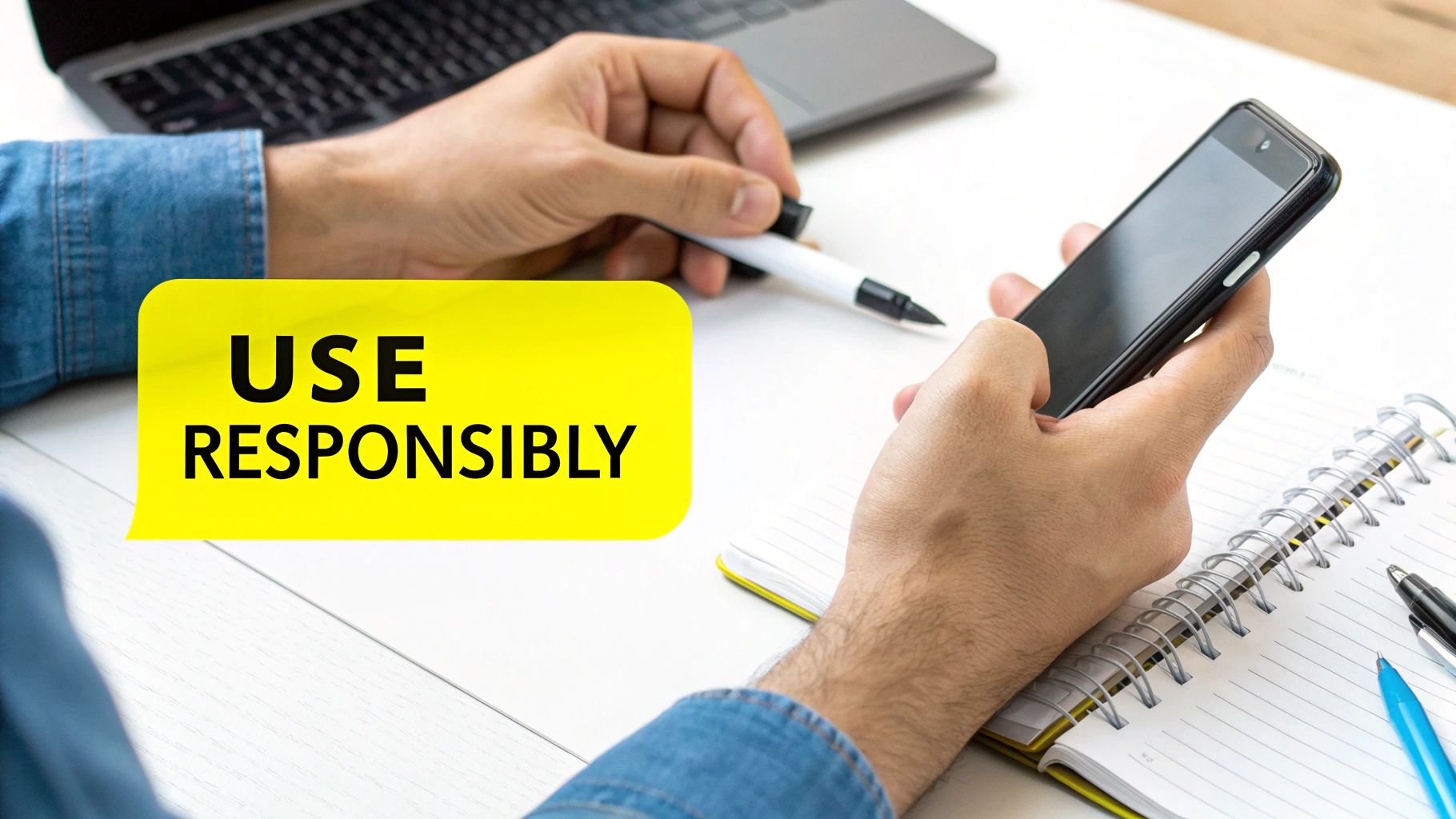 Hands holding a smartphone and pen, with a laptop and notebook, featuring 'USE RESPONSIBLY' text.