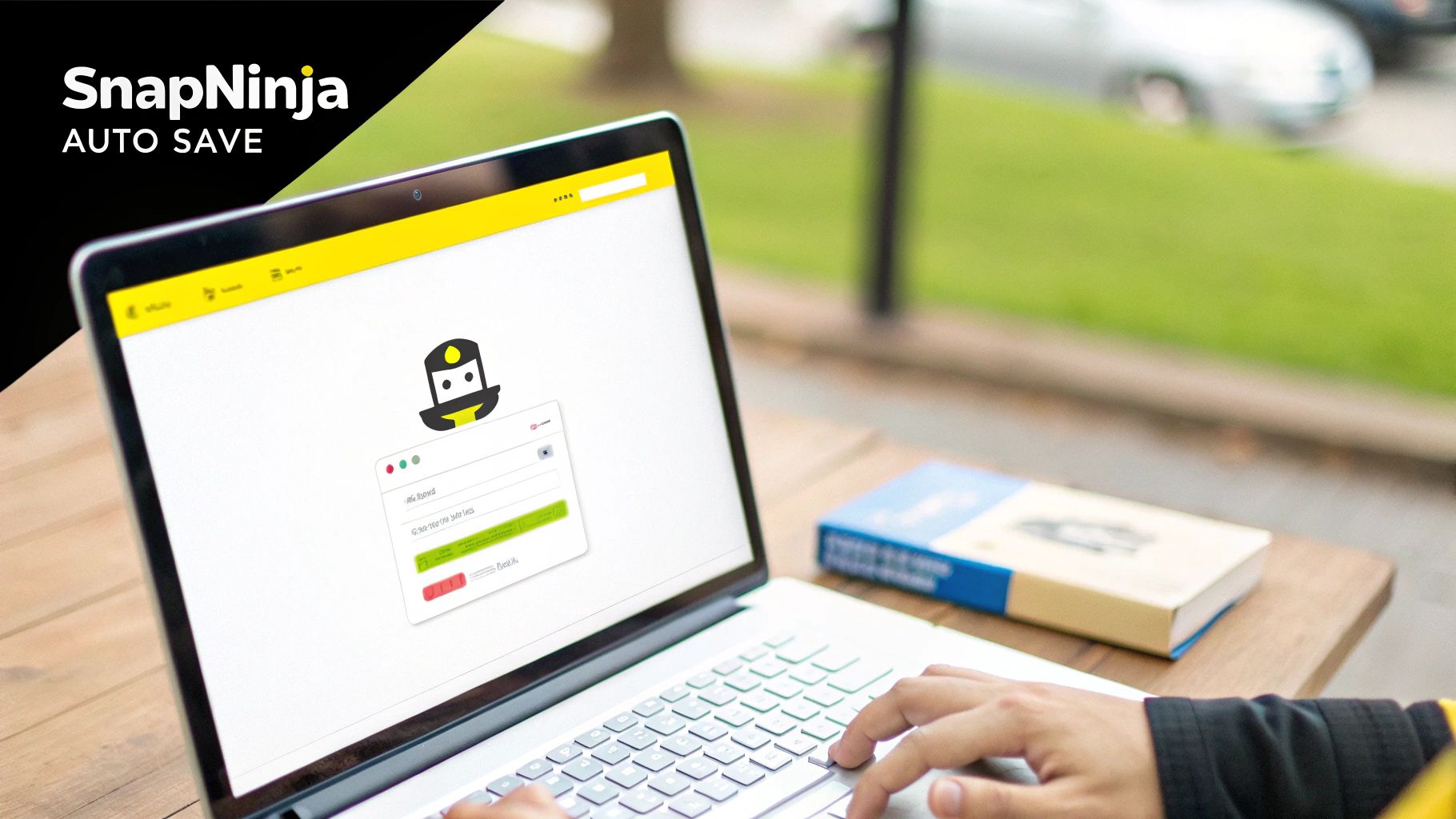 A person uses a laptop outdoors, displaying the SnapNinja login screen with a book nearby.