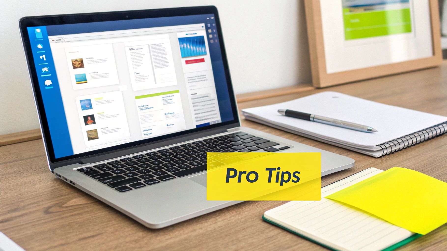 A laptop on a wooden desk displaying a website with content cards, next to notebooks and a pen.