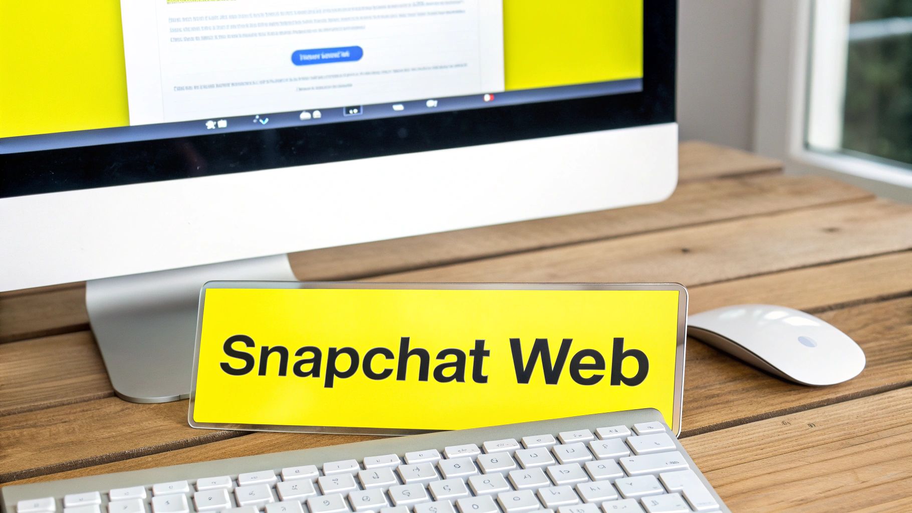 A 'Snapchat Web' sign sits in front of a computer screen on a wooden desk with a keyboard and mouse.
