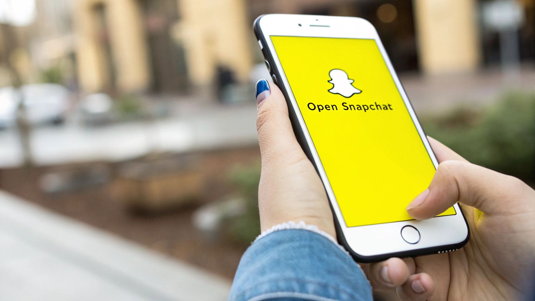 A person holding an iPhone displaying a Snapchat photo with a text overlay, looking slightly frustrated.