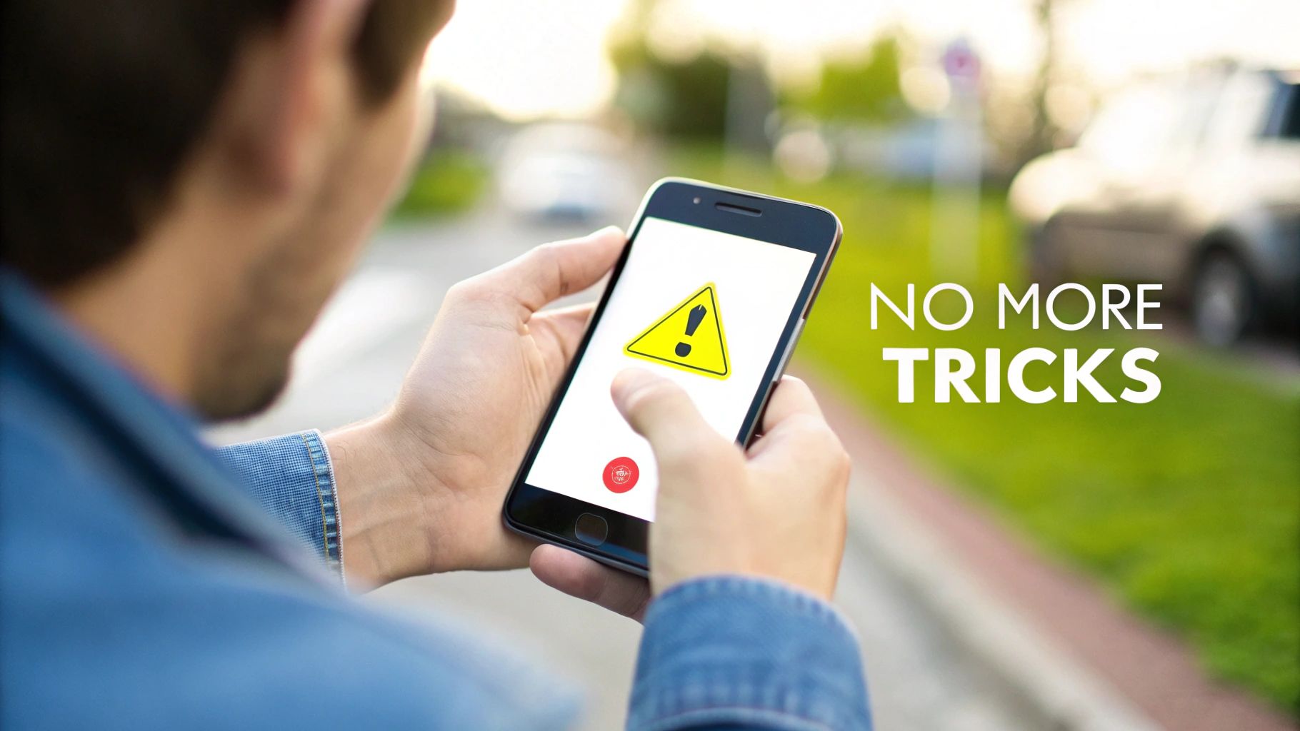 A person holding a smartphone with a yellow warning sign on its screen, beside the text "NO MORE TRICKS".