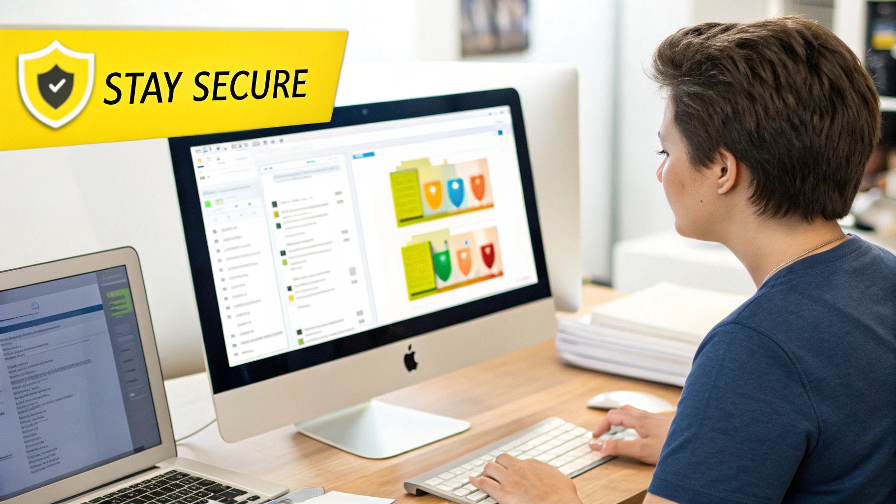 A person works on an Apple iMac and a laptop, with a 'STAY SECURE' banner, emphasizing digital security.