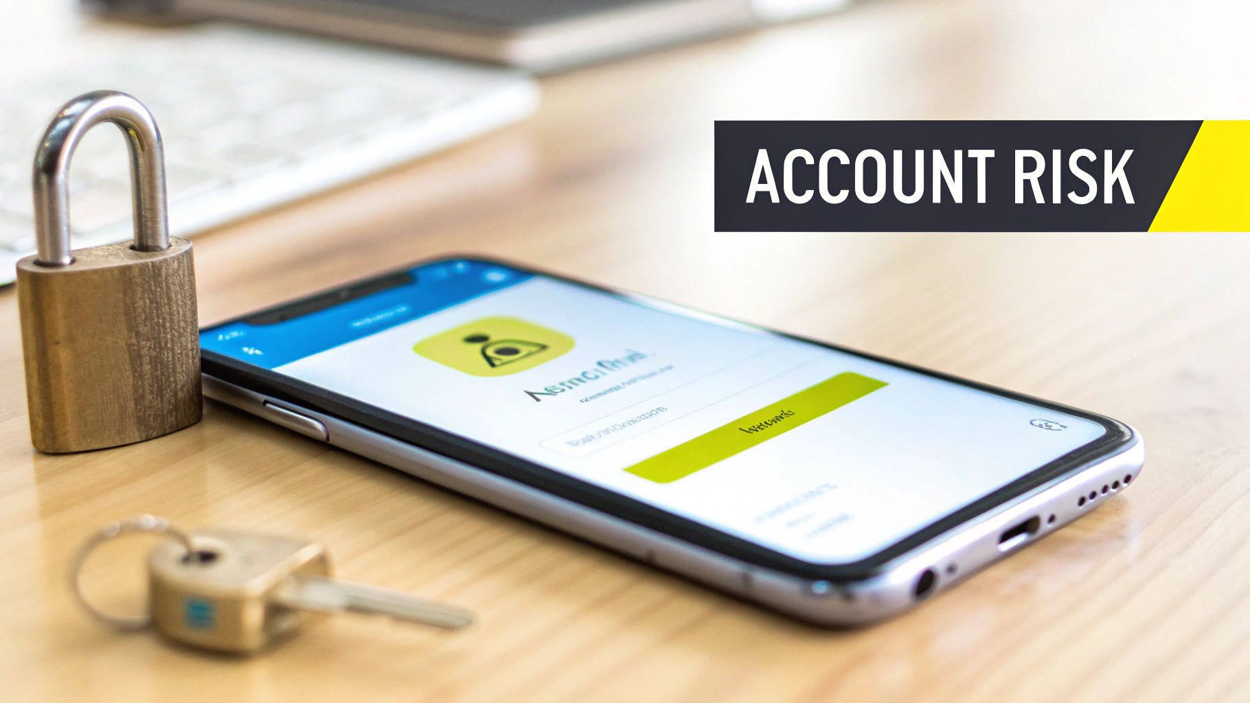 A smartphone showing a login screen, a padlock, and a key on a wooden table, representing account risk.
