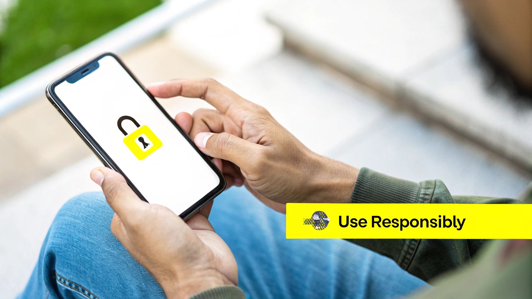 A person holds a smartphone displaying a yellow padlock icon, accompanied by a 'Use Responsibly' banner.