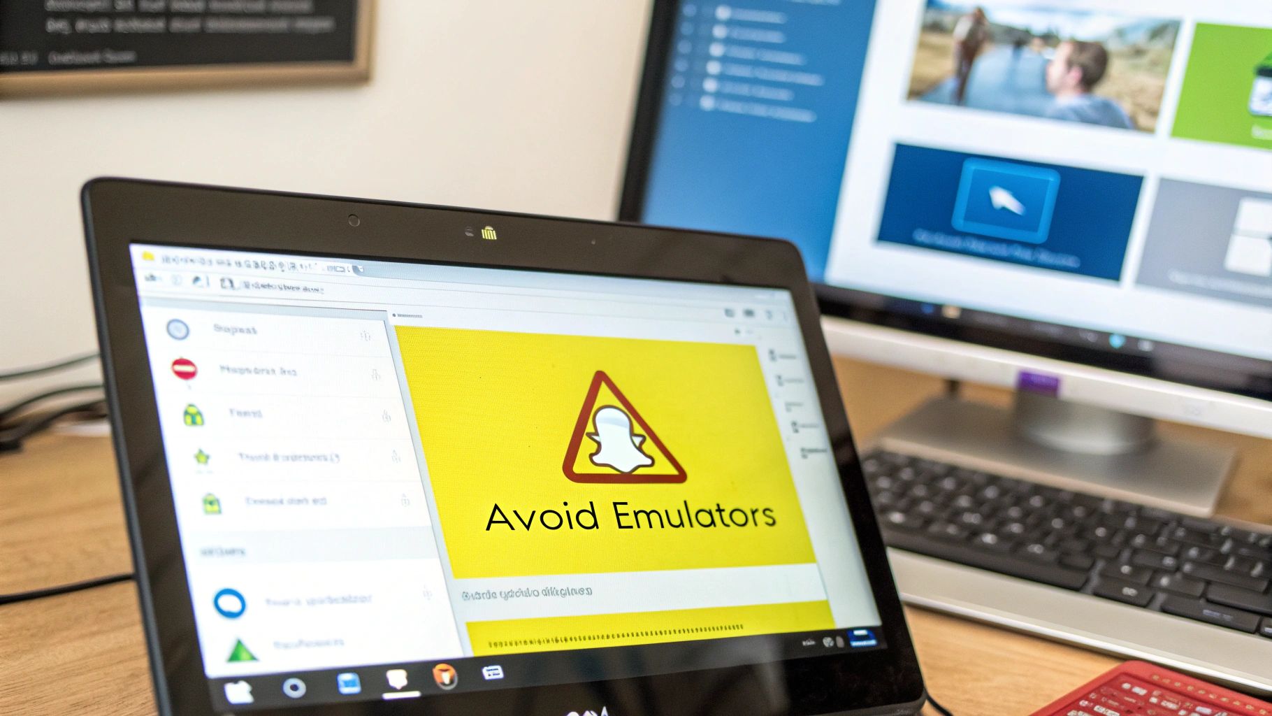 A laptop screen displays a warning 'Avoid Emulators' with the Snapchat ghost logo, next to a desktop monitor.