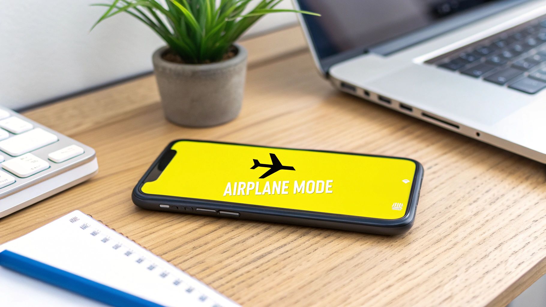 A smartphone showing the airplane mode being activated on the screen.