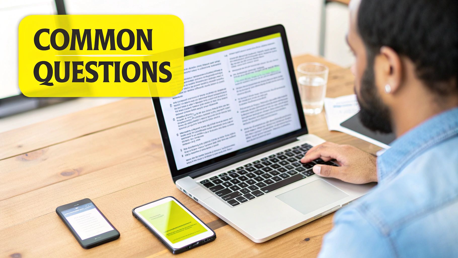 A person works on a laptop, surrounded by smartphones and a 'COMMON QUESTIONS' banner.