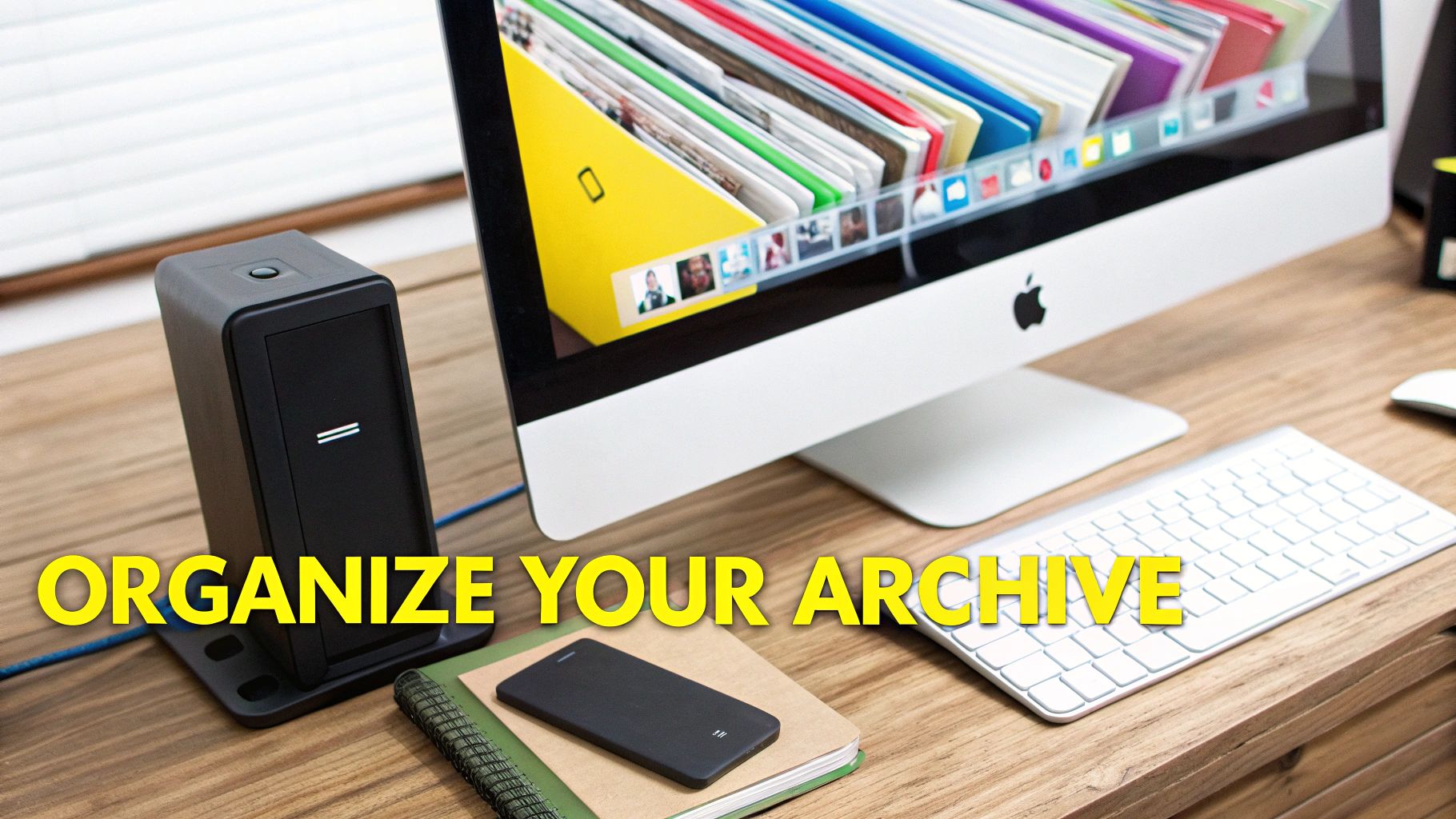 A clean desk setup with an Apple iMac showing organized digital files, an external drive, keyboard, and phone.