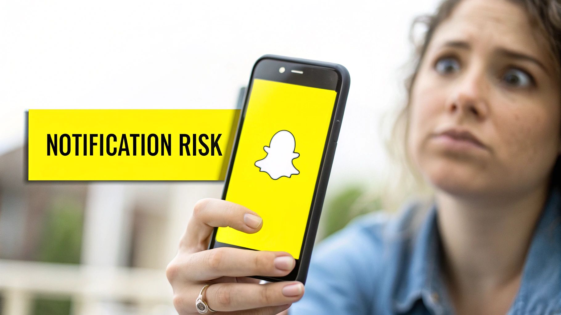 Worried woman holding a smartphone displaying the Snapchat logo, with a 'NOTIFICATION RISK' banner.