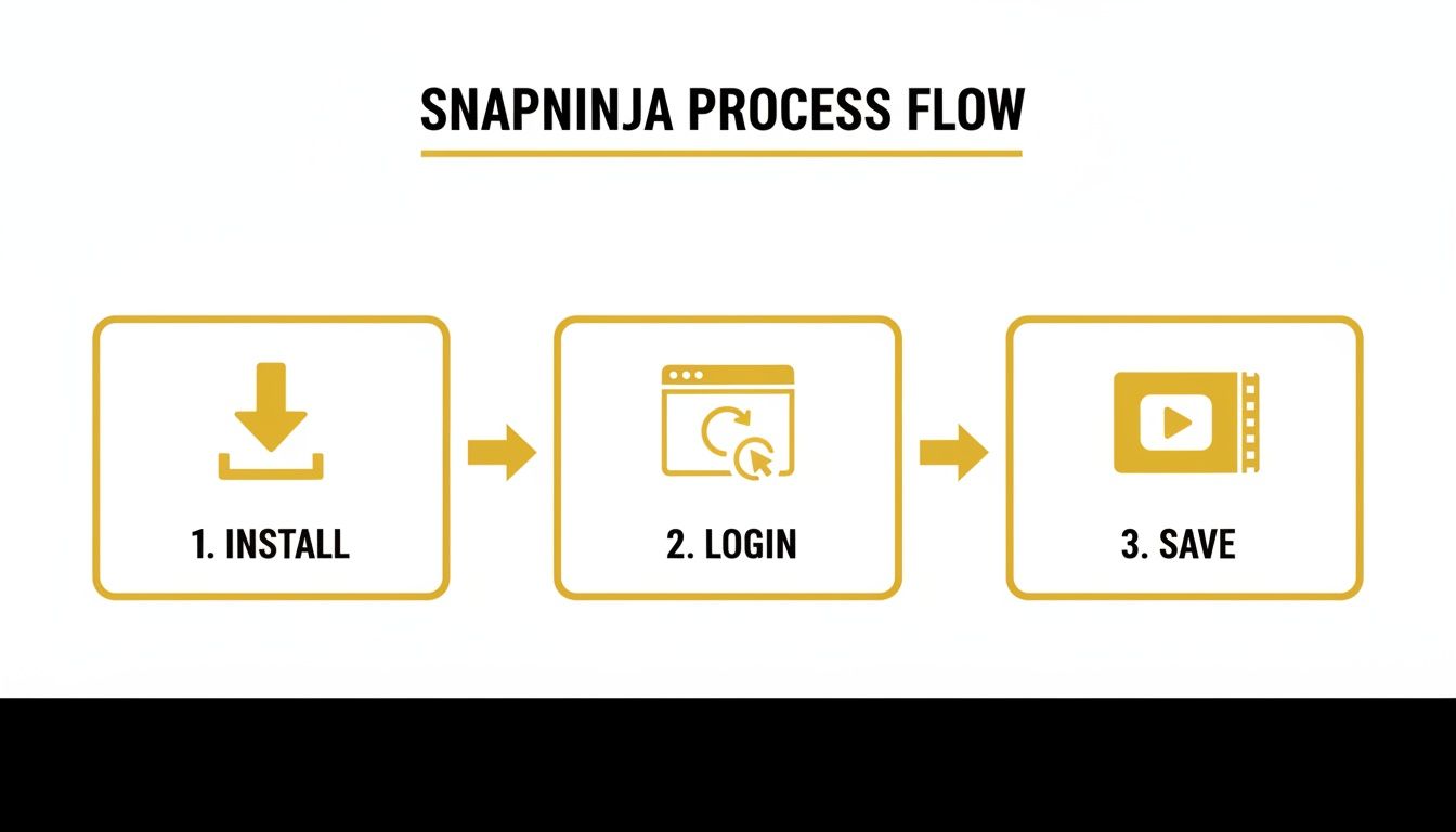 A three-step Snapninja process flow showing icons for install, login, and save actions.