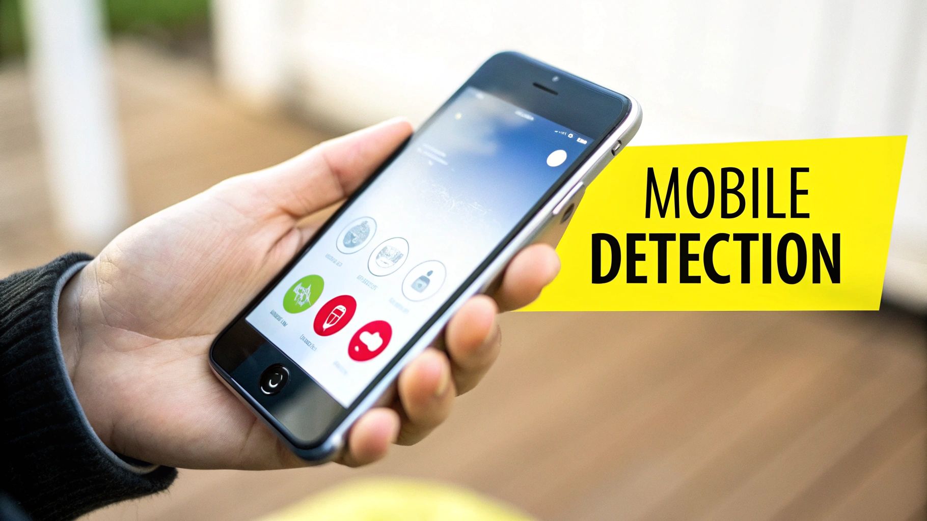 A person's hand holds a smartphone displaying various app icons, with a 'MOBILE DETECTION' banner.