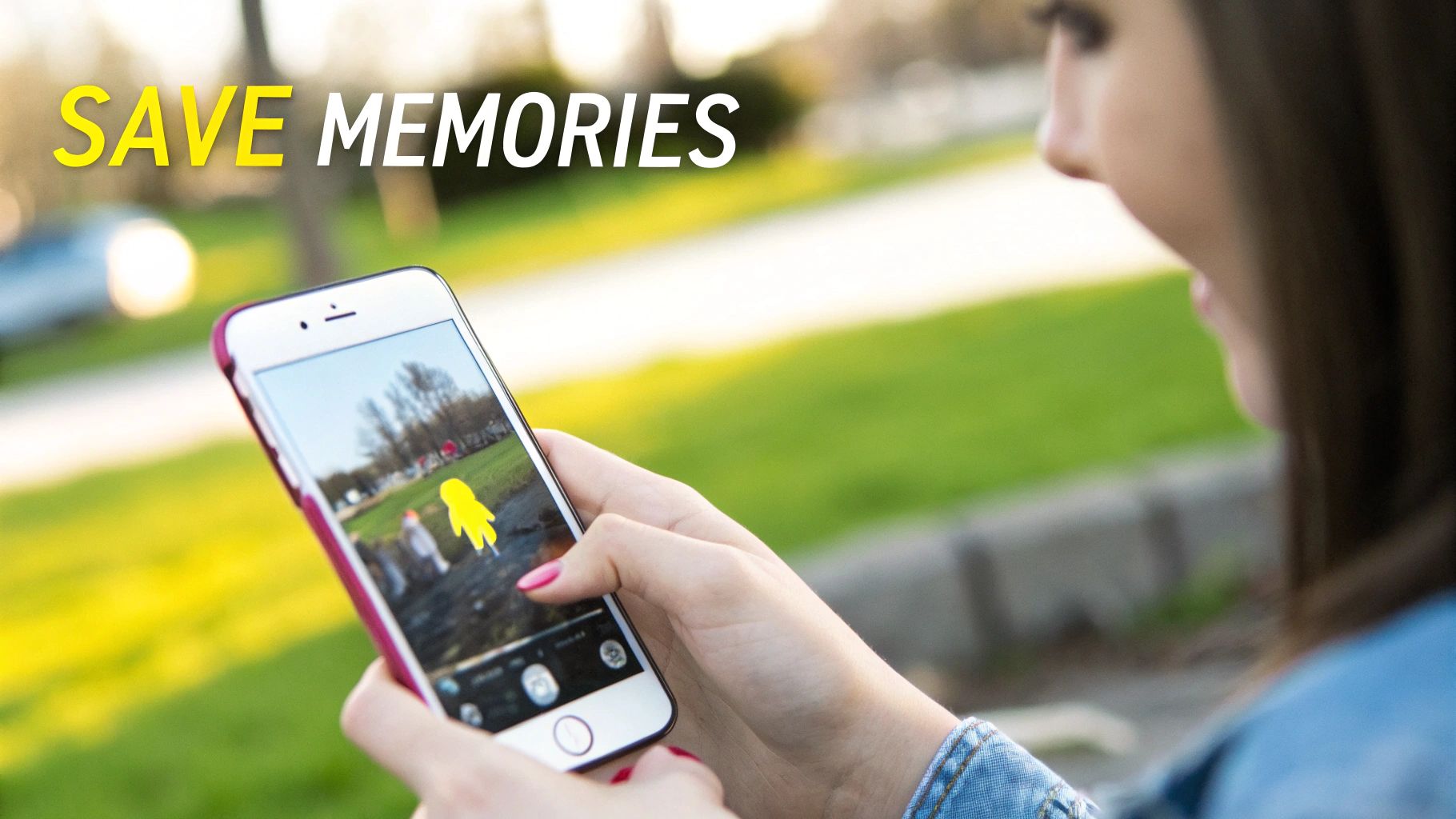 A person holding a smartphone outdoors, looking at an app with augmented reality features.