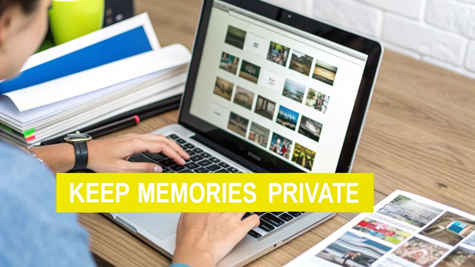 A person uses a laptop displaying photo thumbnails, with a 'KEEP MEMORIES PRIVATE' banner.