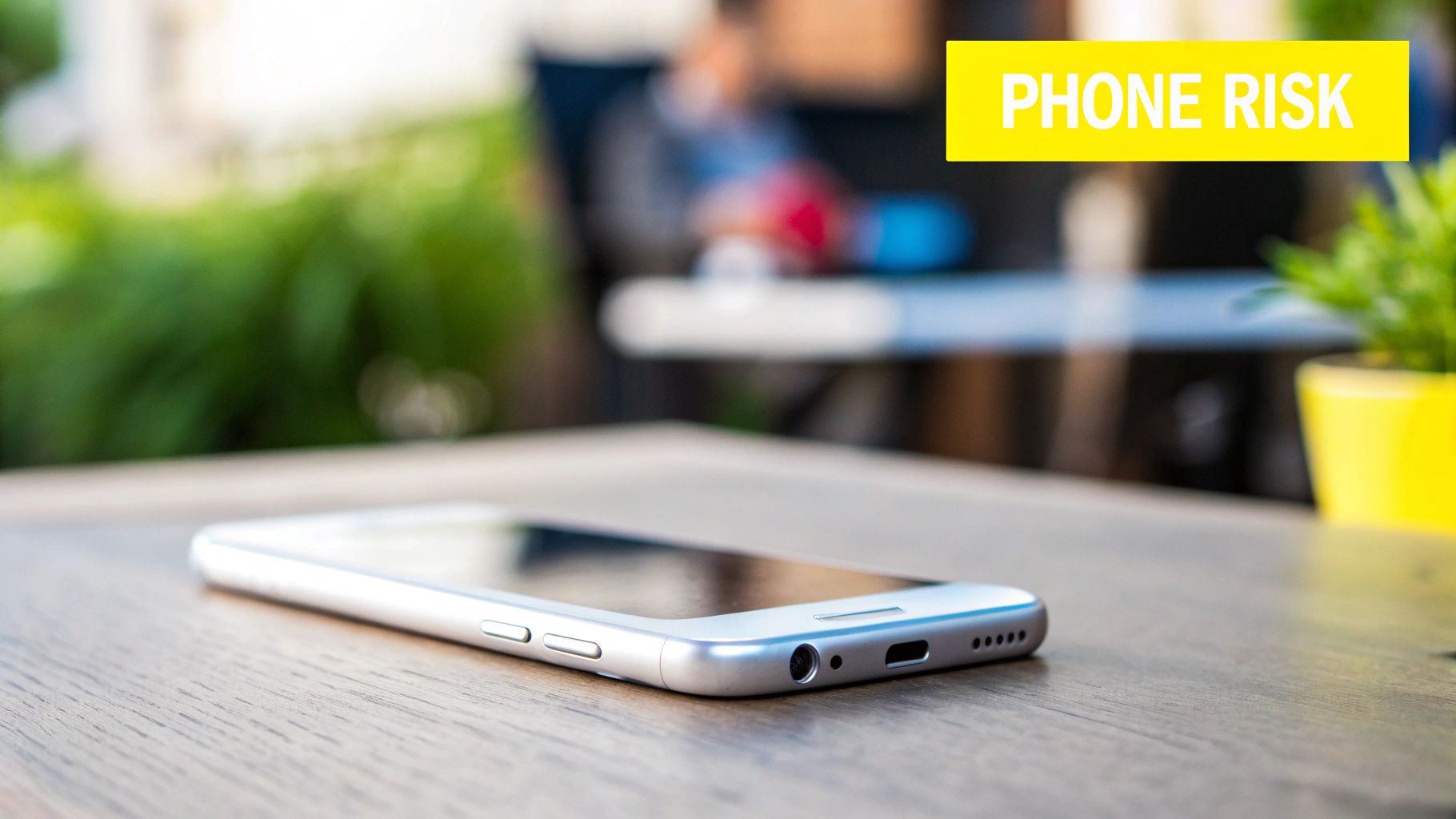 A silver smartphone rests on a wooden table, with a 'PHONE RISK' banner prominently displayed.