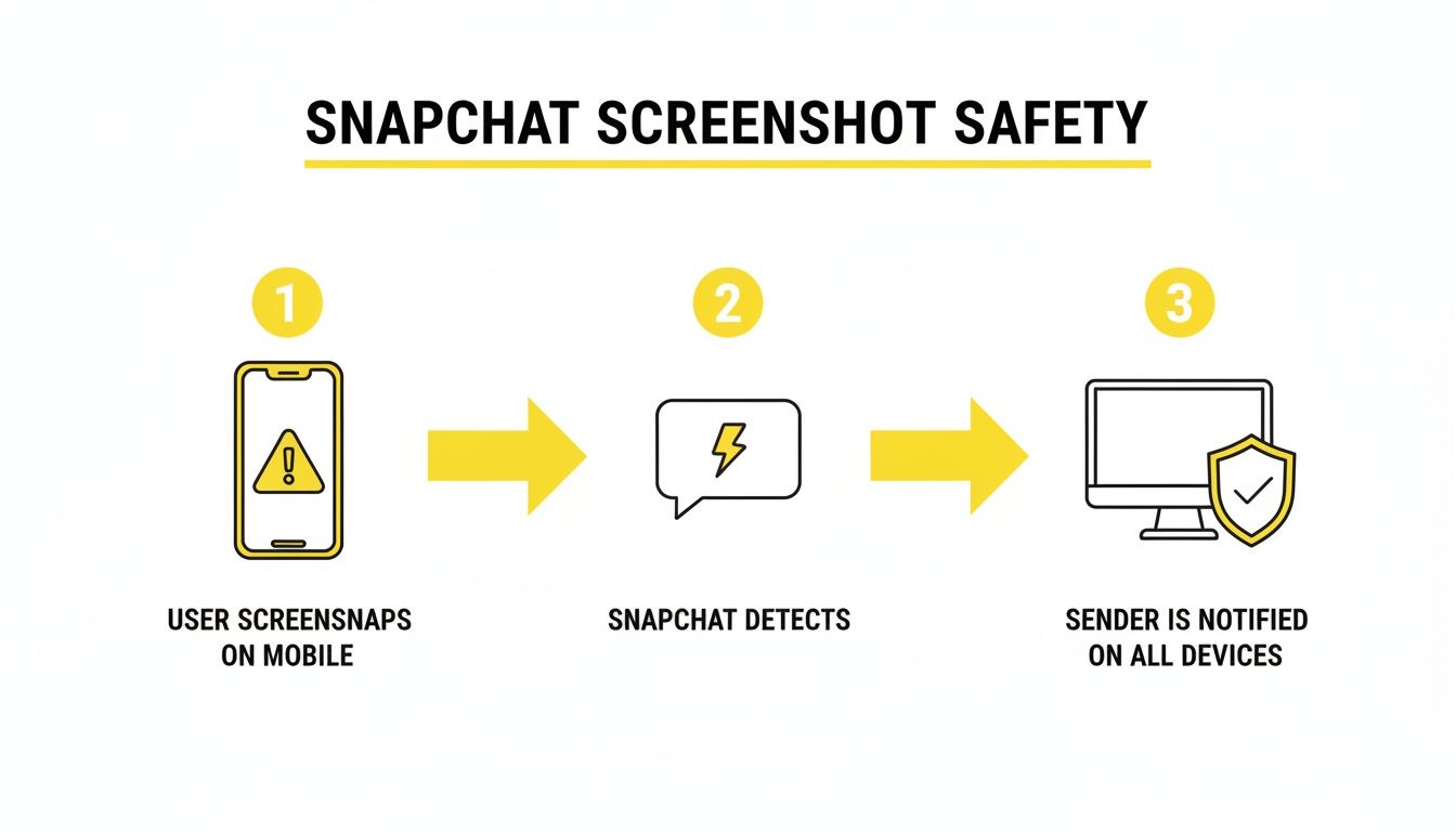 A diagram illustrating Snapchat's screenshot safety: user screenshots, Snapchat detects, and the sender is notified.