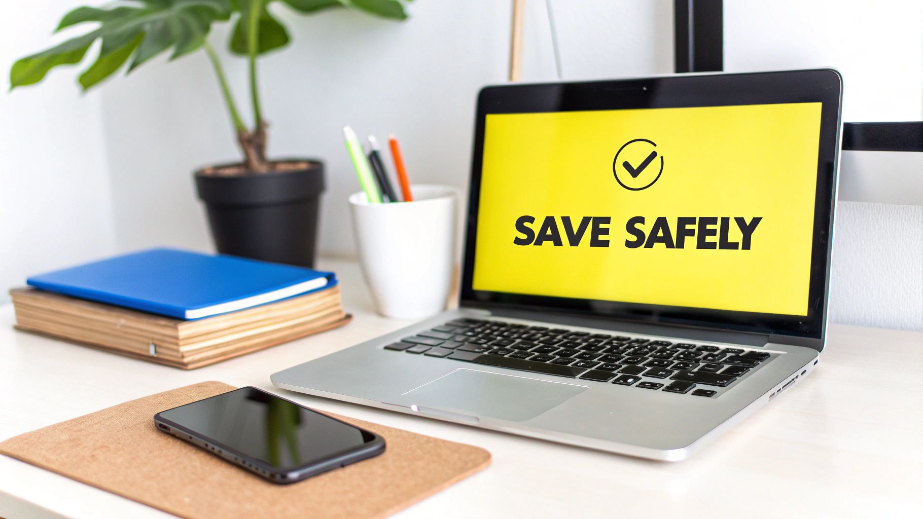 A laptop on a desk displays 'SAVE SAFELY' with a checkmark, alongside a smartphone, books, pens, and a plant.